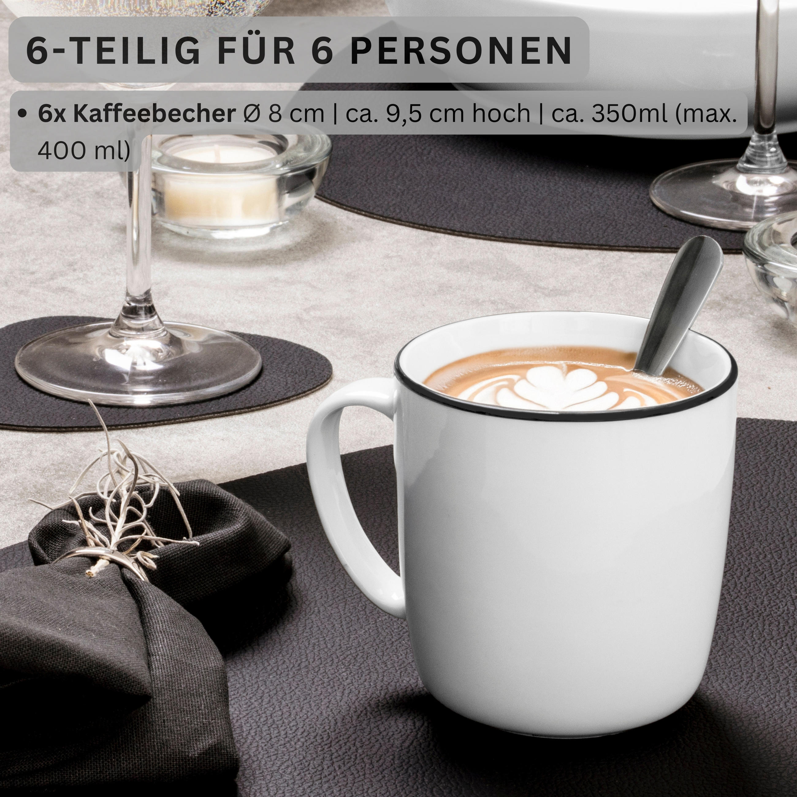 KAFFEEBECHER MARLO BLACK RIM - 6 teilig aus Porzellan - Weiß, Keramik (0.35L) - Sänger