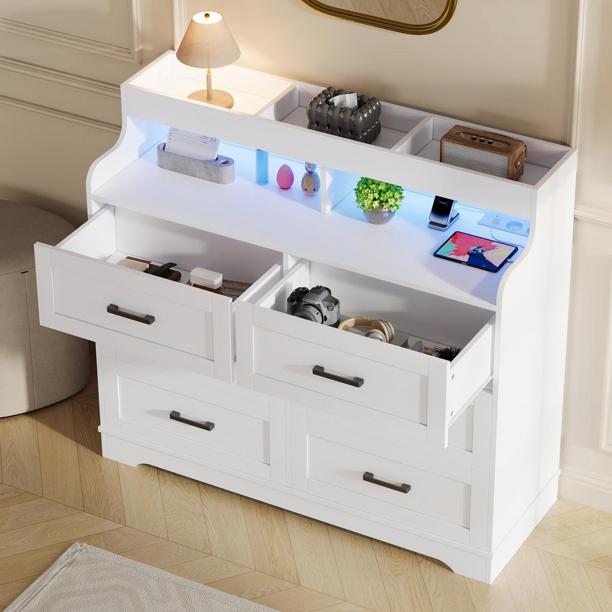 KOMMODE weiß 6 Schubladen mit RGB-LED und EU-Stecker, skandinavisch - Weiß, Holz (110/99/40cm)