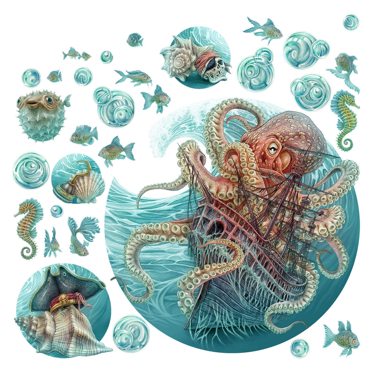 WANDAUFKLEBER 100x116cm - Die Welt des Oktopus - Multicolor, Kunststoff (100/116/0.1cm) - Wallfluent