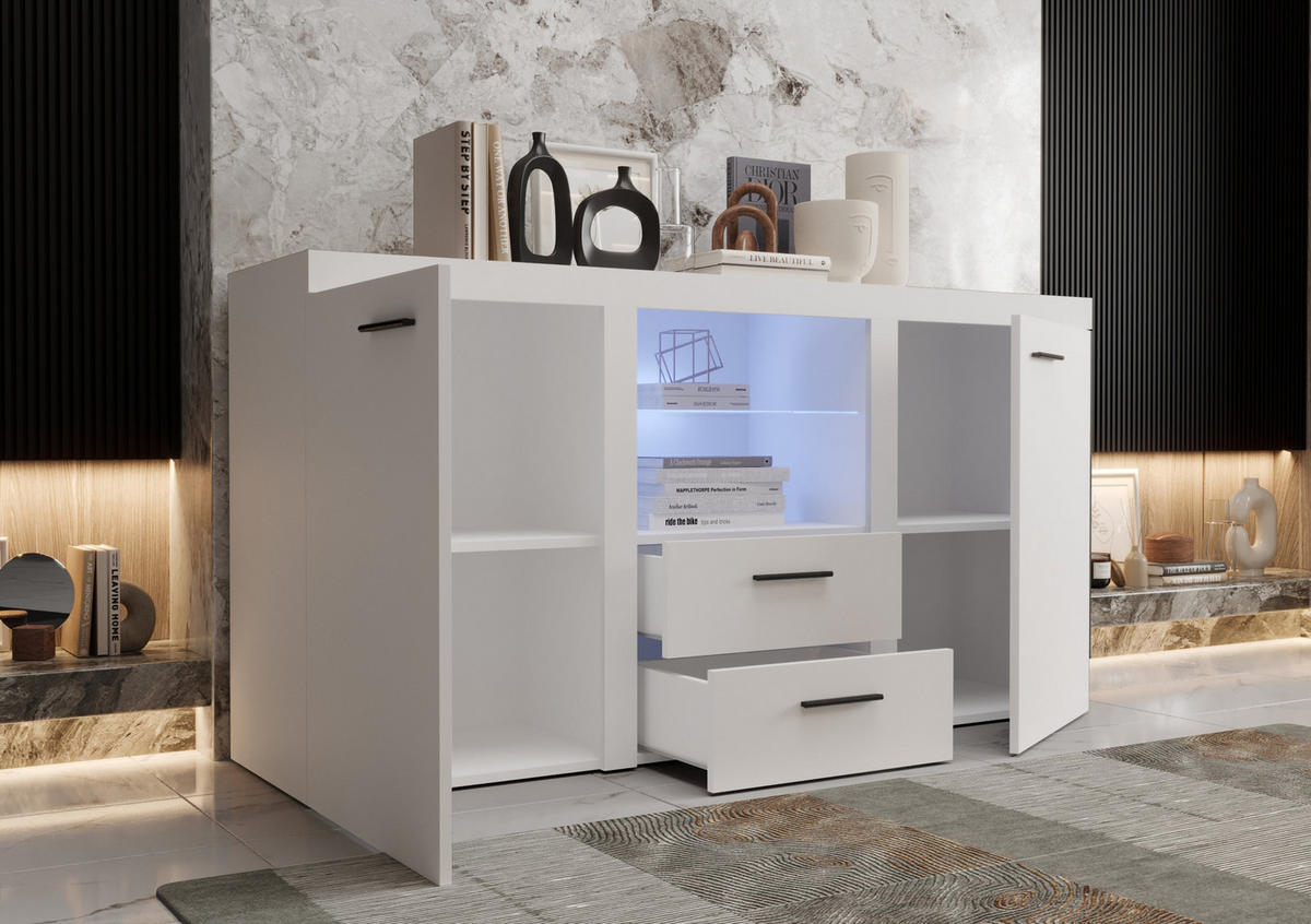 KOMMODE London LRK mit 2 Türen, Sideboard in Farbe: Weiß, Größe: 156 x 82 x 40 cm - Weiß, Holzwerkstoff (156/82/40cm) - O-Sofa