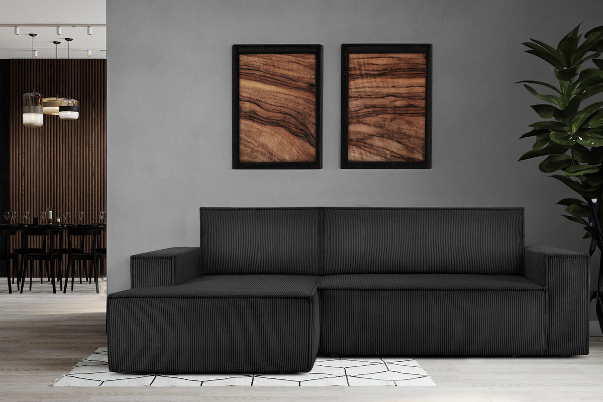 ECKSCHLAFSOFA-LINKS NAPI in Pet Friendly Cord-Stoff, dunkelgrau - Dunkelgrau/Schwarz, Textil (262/148cm) - KONSIMO®