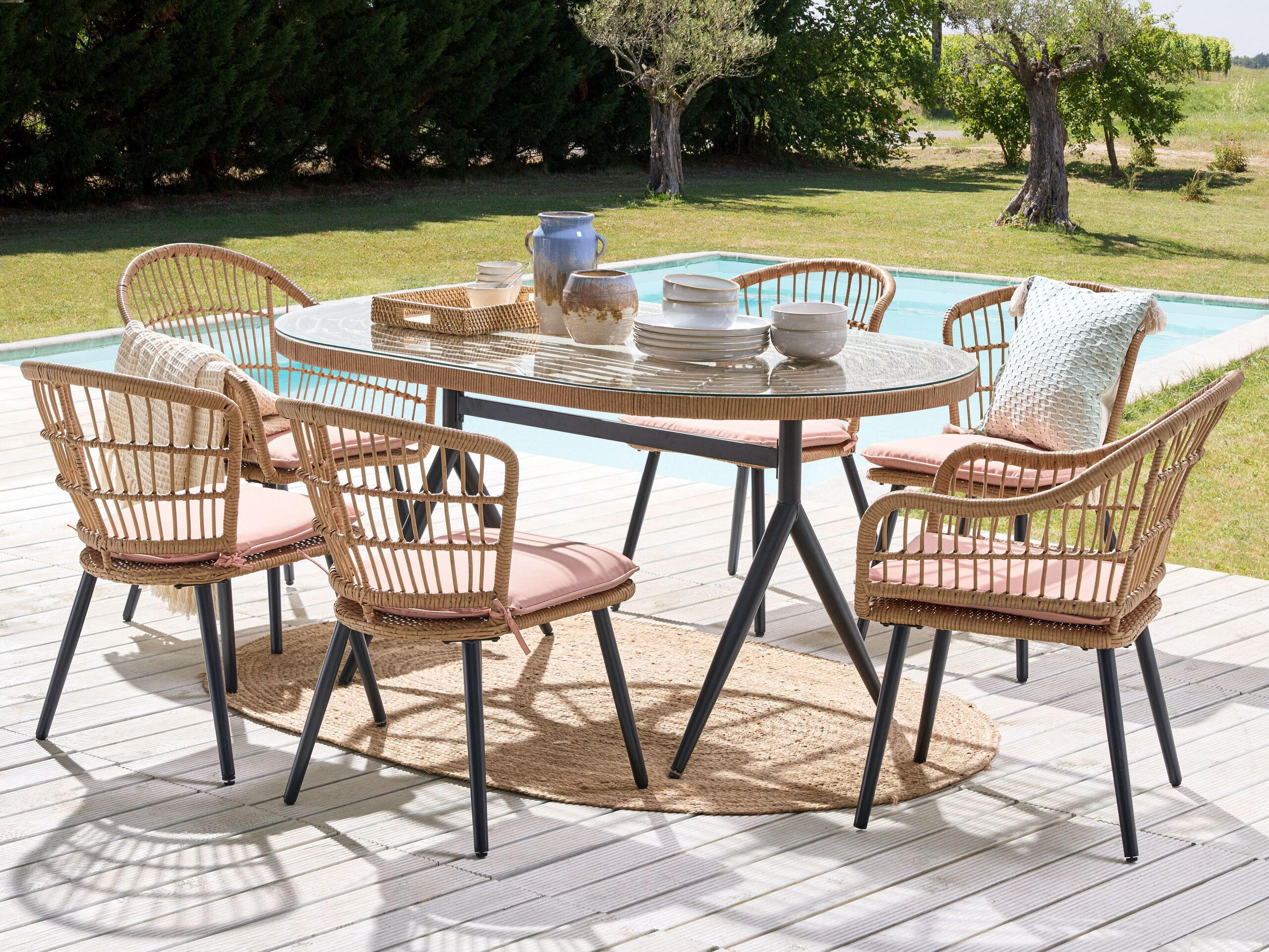 GARTENMÖBEL SET 6-Sitzer Rattan natürlich Auflagen rosa Aliano II - Pink/Beige, Kunststoff - Beliani