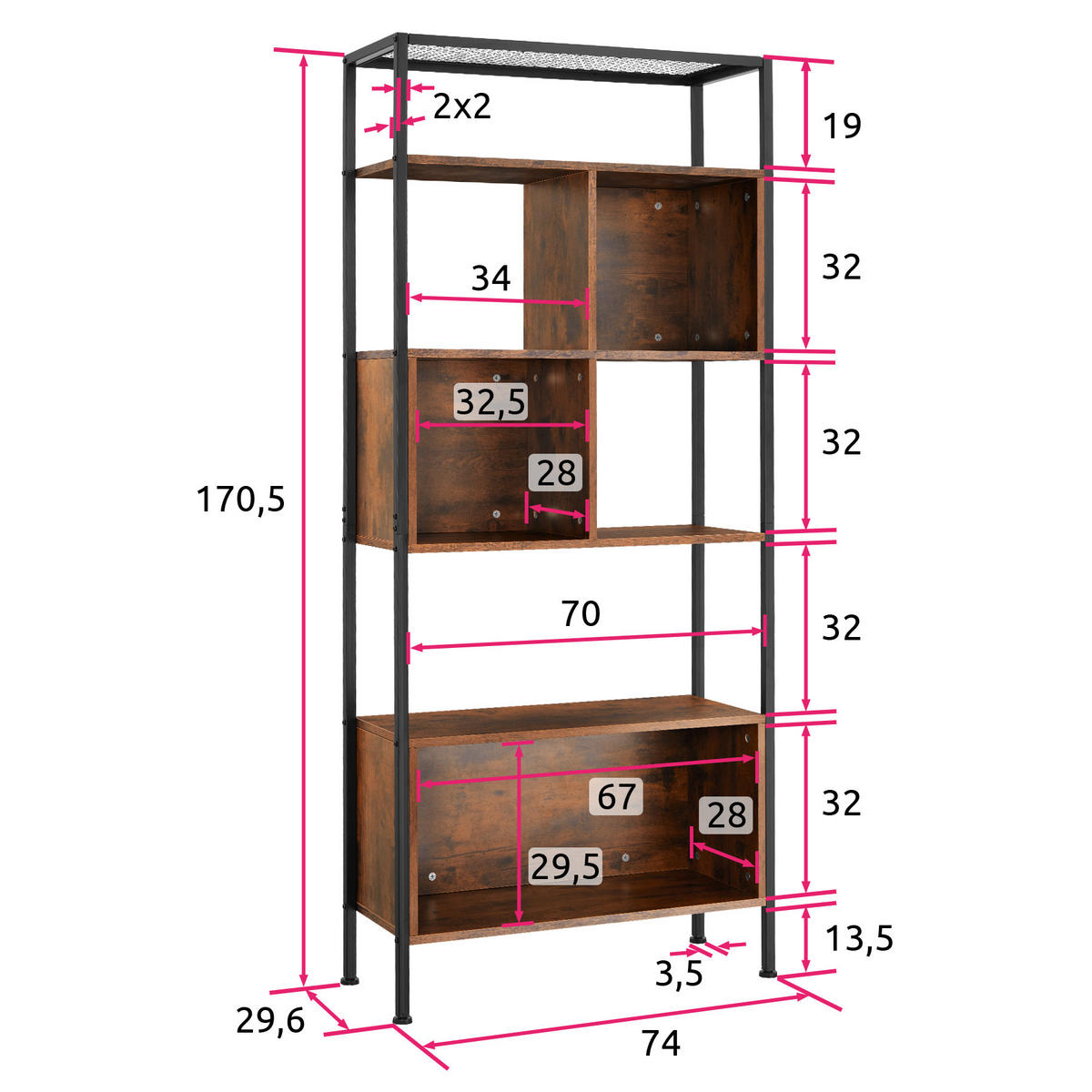 REGAL Hastings,inklusive Kippschutz, 75 x 31 x 170,5 cm,Industrial Holz dunkel, rustikal - Rostfarben, Holzwerkstoff (31/170.5/75cm) - tectake