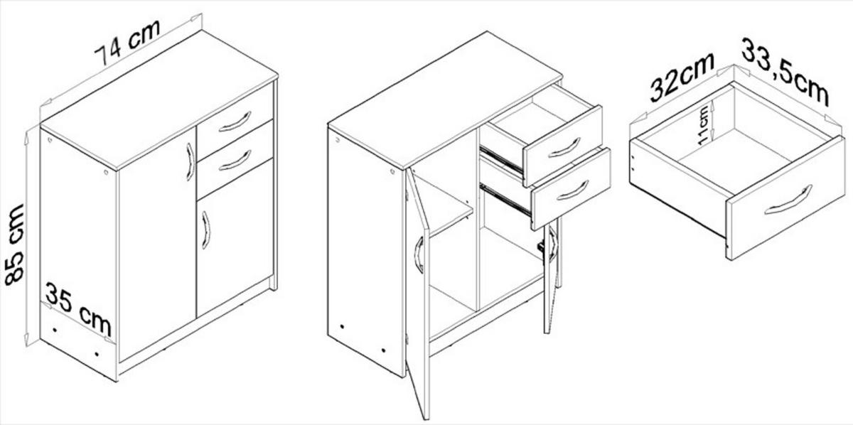 KOMMODE 2-türig Grau-Wotan Eiche 74/35/85 cm mit 2 Schubladen - Anthrazit/Eiche Wotan, Holzwerkstoff (74/85/35cm) - Matkam Möbel