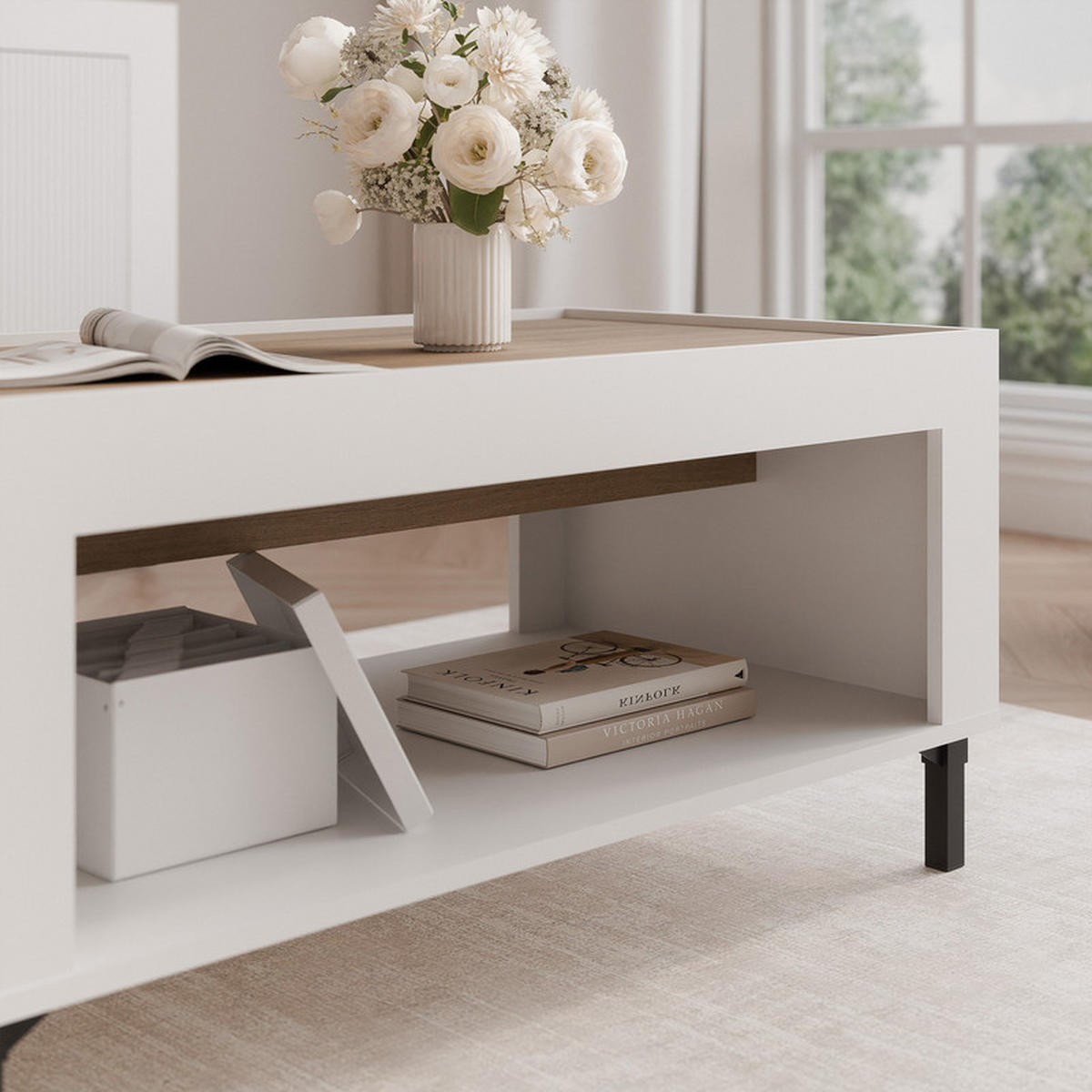COUCHTISCH AVENA 97/56/47 cm Rechteckig, Weiß/Eiche - Schwarz/Weiß, Holzwerkstoff/Metall (56/97/47cm) - Idohome