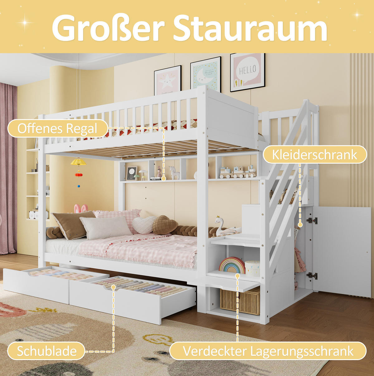 ETAGENBETT 90x200 cm in Weiß mit Stauraum, Kleiderschrank und Schubladen - Weiß, Holz (90/200cm) - OKMYHOME