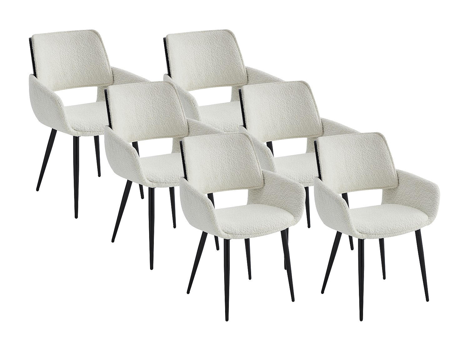 STUHL 6er-Set - Bouclé-Stoff, Eschenfurnier & schwarzes Metall - Weiß - ZURIKIA - Schwarz, Textil (57/85/57.5cm) - Vente-Unique