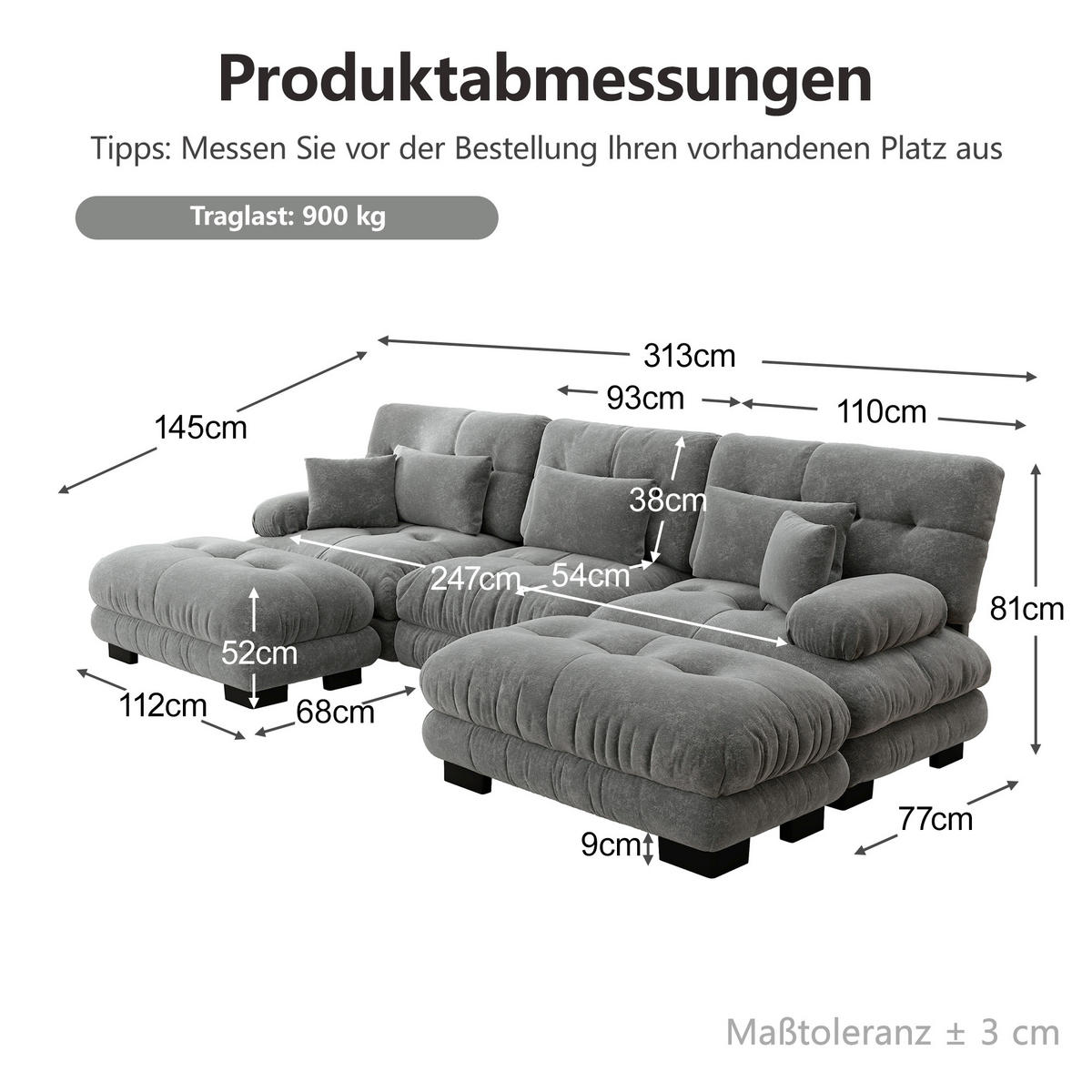 WOHNLANDSCHAFT DE-34065 U-förmig mit Ottoman Grau - Grau, Holz (145/81/313cm) - ComfortXL
