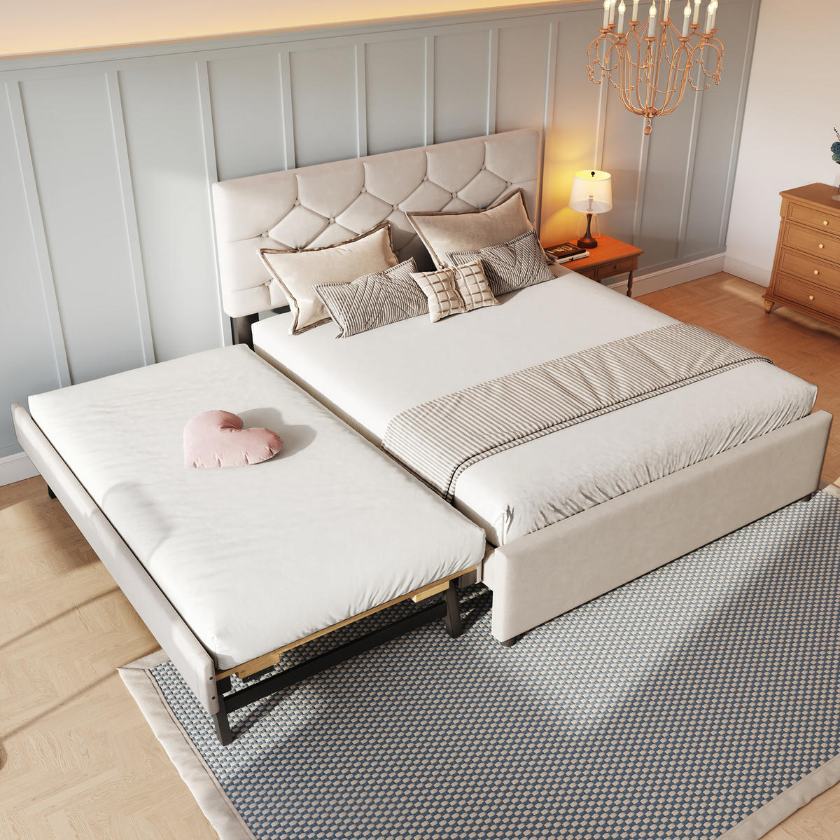 POLSTERBETT 140/200 cm mit Rollcontainer aus Samt Beige - Beige, Textil (140/200cm) - OKWISH