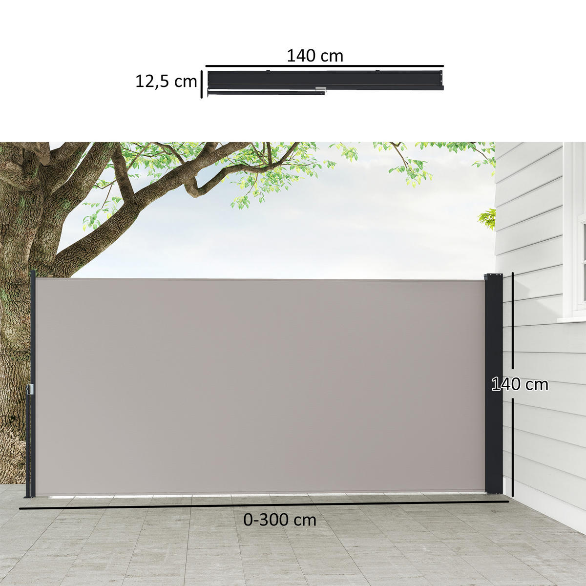 SEITENMARKISE, Hellgrau, 300L x 100H cm/300L x 140H cm, Polyesterstoff, Metall - Hellgrau, Kunststoff (3.5/140cm) - Outsunny