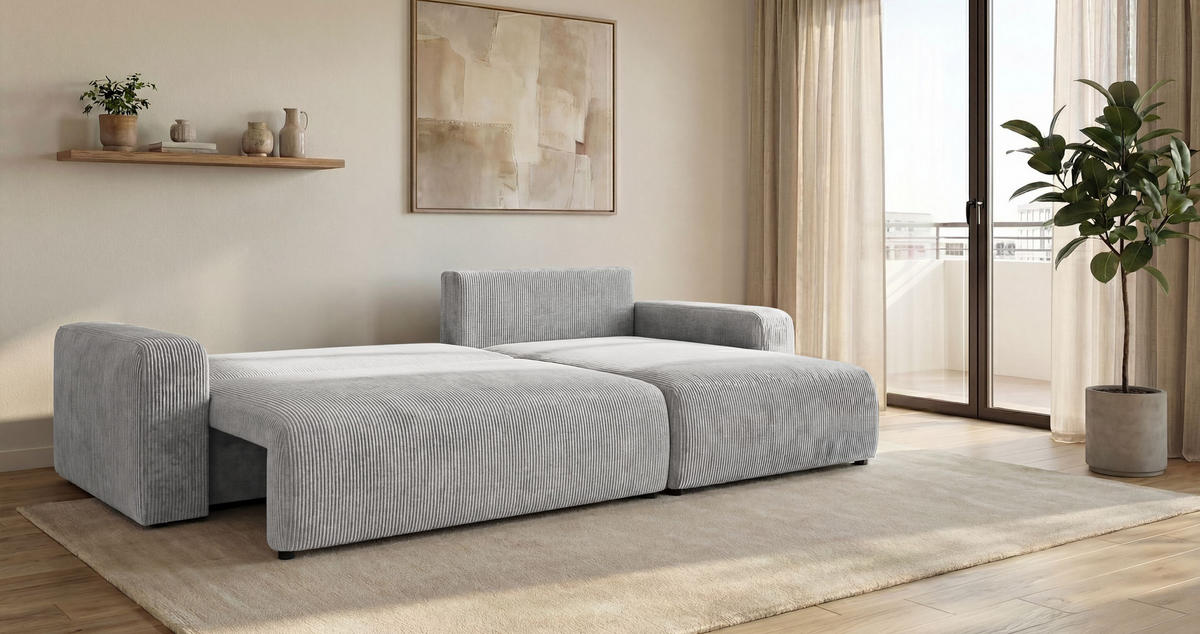 ROHOVÁ pohovka BERLIN pravá šedá manšestr Poso 55 - funkce spaní, úložný prostor - šedá, textil (285/184cm) - Cornero