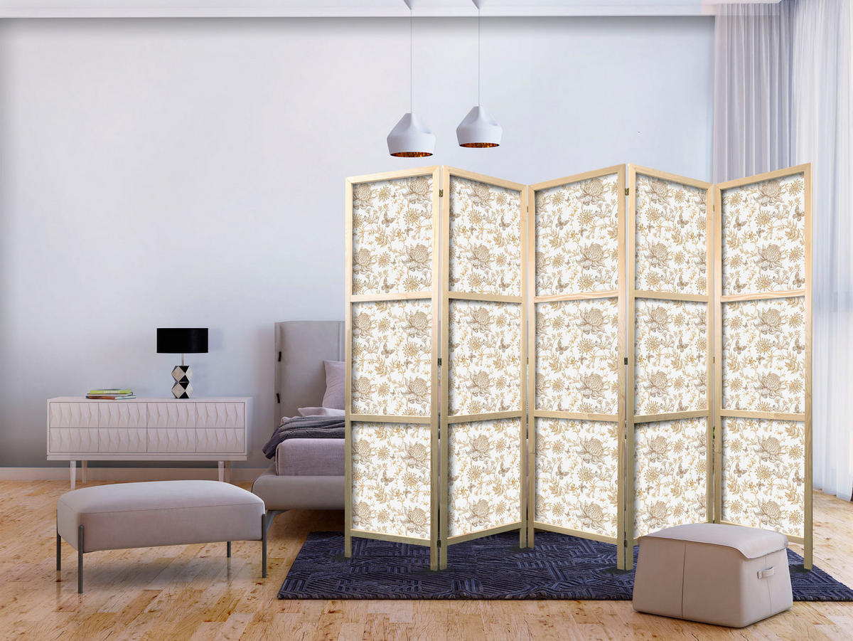 PARAVENT Japanischer 5-tlg 225x172 cm Beige Blumen - Beige, Holz/Textil (225/172/3cm) - Muralo