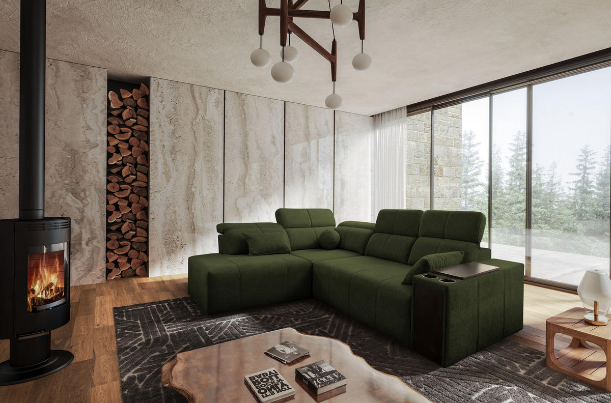 ECKSOFA Mindy VII mit Schlaffunktion und verstellbarer Rückenlehne, Stoff Verita Dunkelgrün Links - Dunkelgrün, Holz/Textil (230/288cm) - Kaiser Möbel