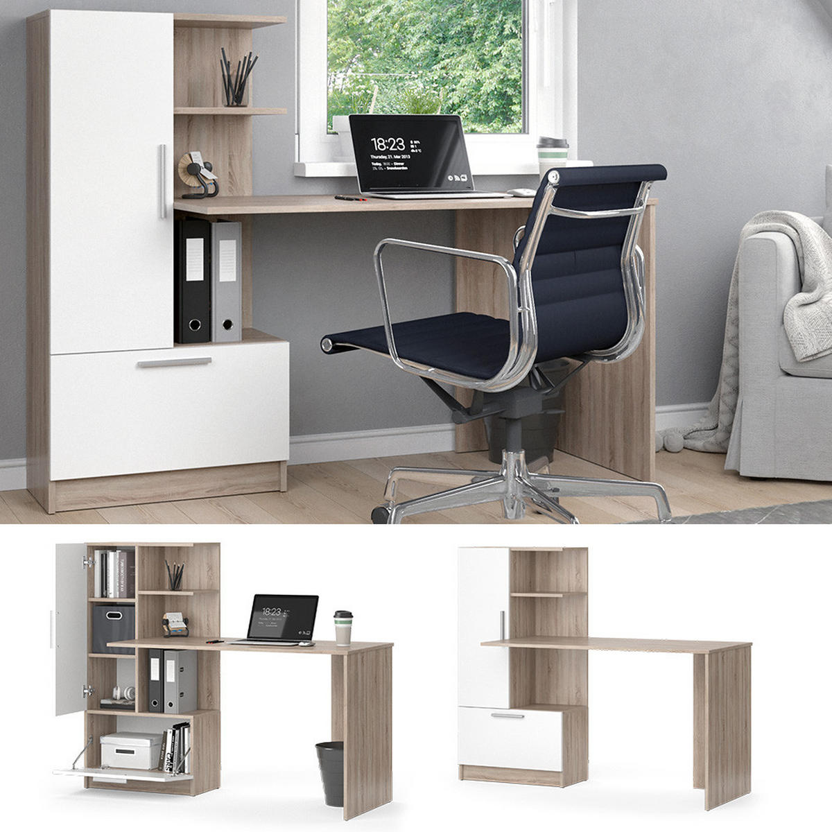 SCHREIBTISCH Tomy Sonoma/Weiß 150 x 59.3 cm - Weiß/Sonoma Eiche, Holzwerkstoff (59.3/150/120.1cm) - Vicco