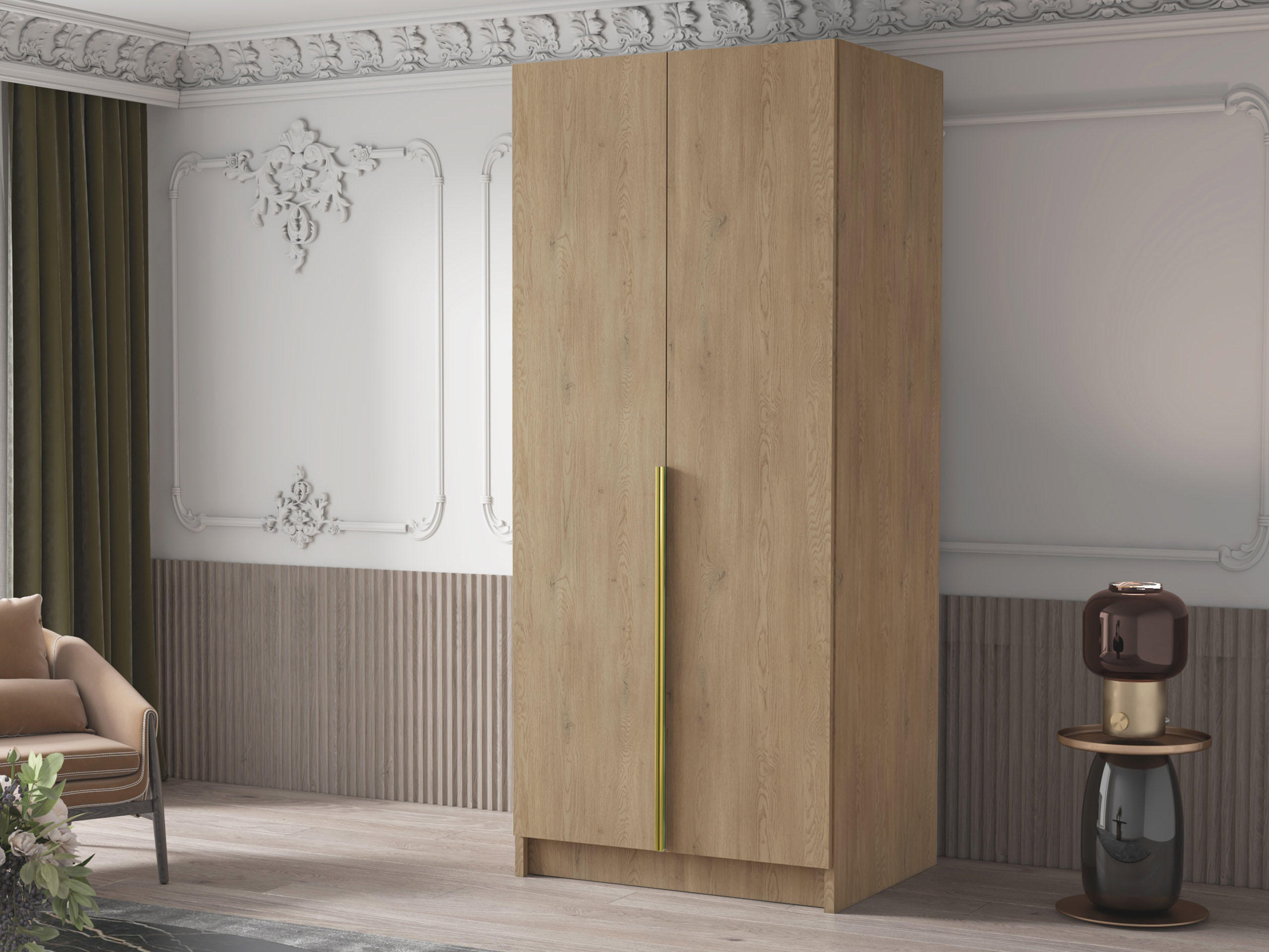 KLEIDERSCHRANK Bono I - Eichefarben/Goldfarben, Holzwerkstoff/Metall (100/215/58cm) - MIRJAN24
