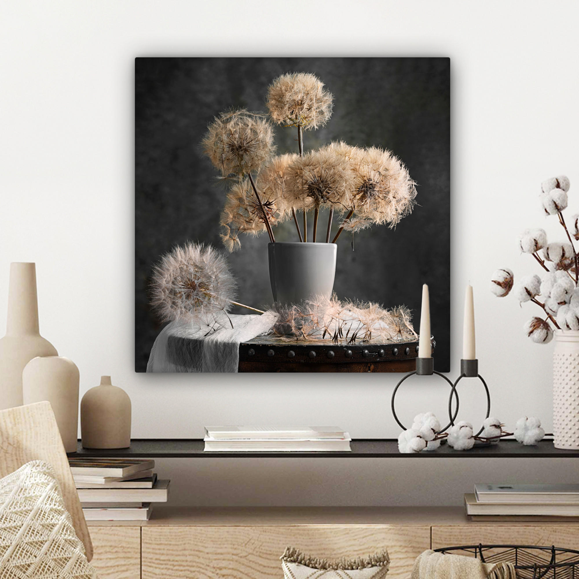 LEINWANDBILD Blumensamen - Löwenzahn - Vase - Stilleben - Blumenstrauß 50x50 cm - Dunkelgrau, Textil (50/50cm) - MuchoWow