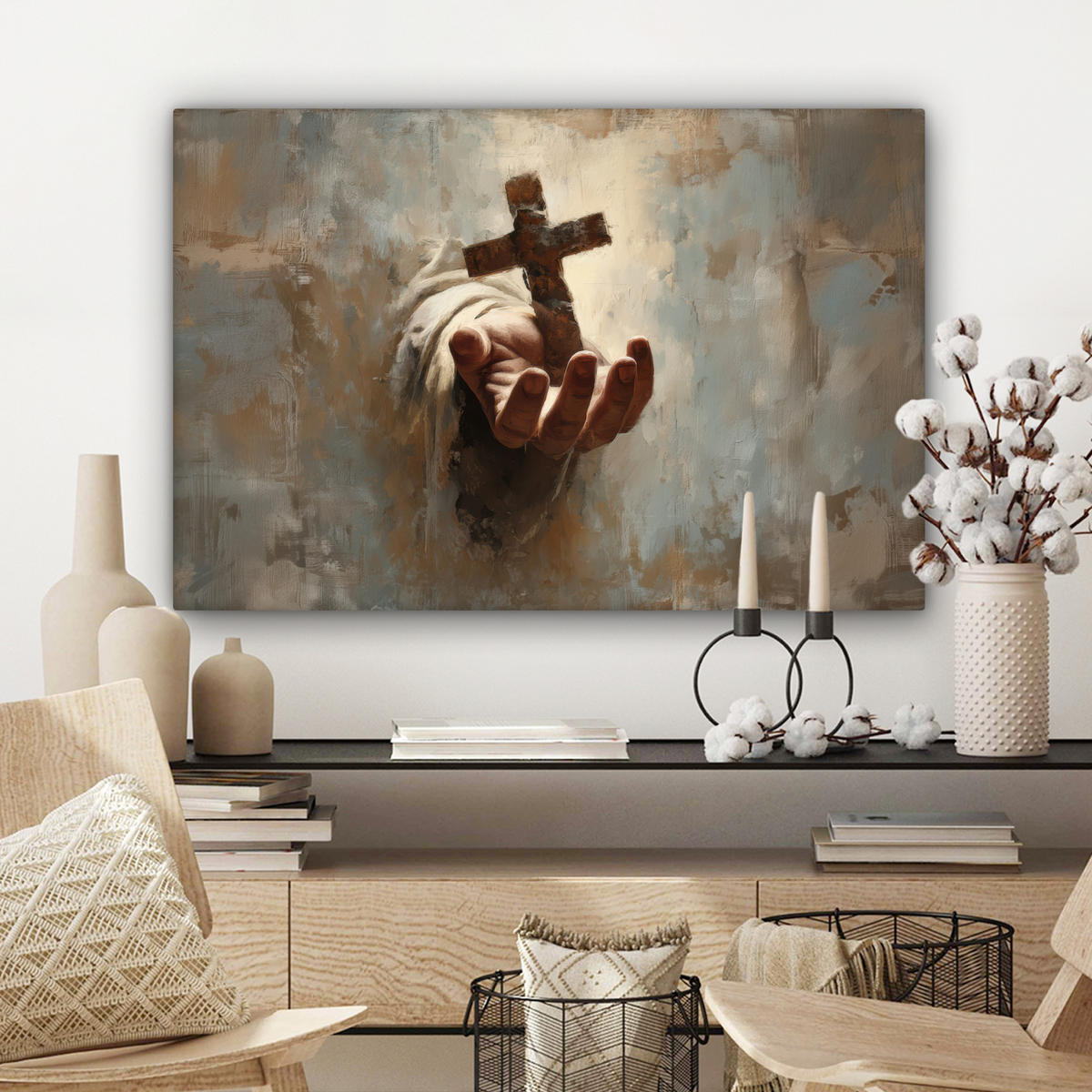 LEINWANDBILD Abstrakt - Kreuz - Hand - Christentum Wanddeko 90x60 cm - Hellbraun, Textil (90/60cm) - MuchoWow