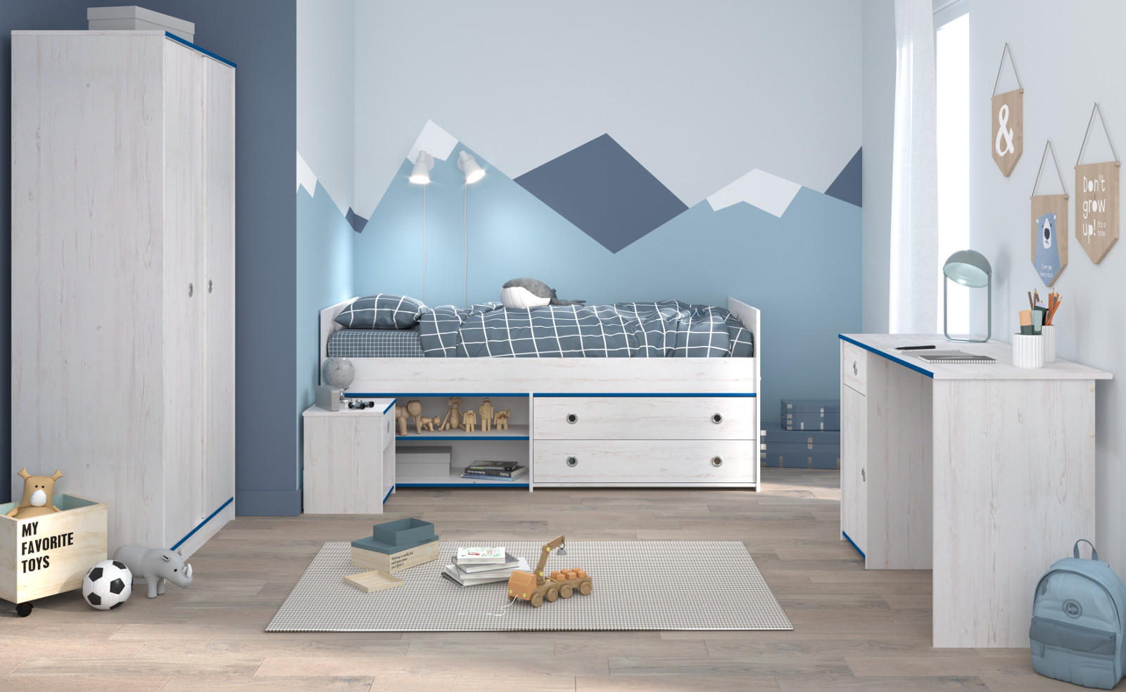 KINDERZIMMER Set Kleiderschrank Schreibtisch Stauraumbett 90x200 cm - Weiß/Kieferfarben, Holz/Holzwerkstoff (203/182/95cm) - Parisot Meuble