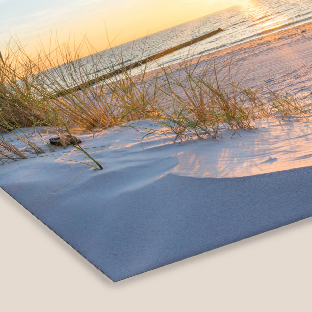 POSTER MIT RAHMENGERAHMTES BILD Strand - Sonne - Düne - Gras - Sand - Horizont 120x80 cm - Hellblau, Papier (120/80cm) - MuchoWow