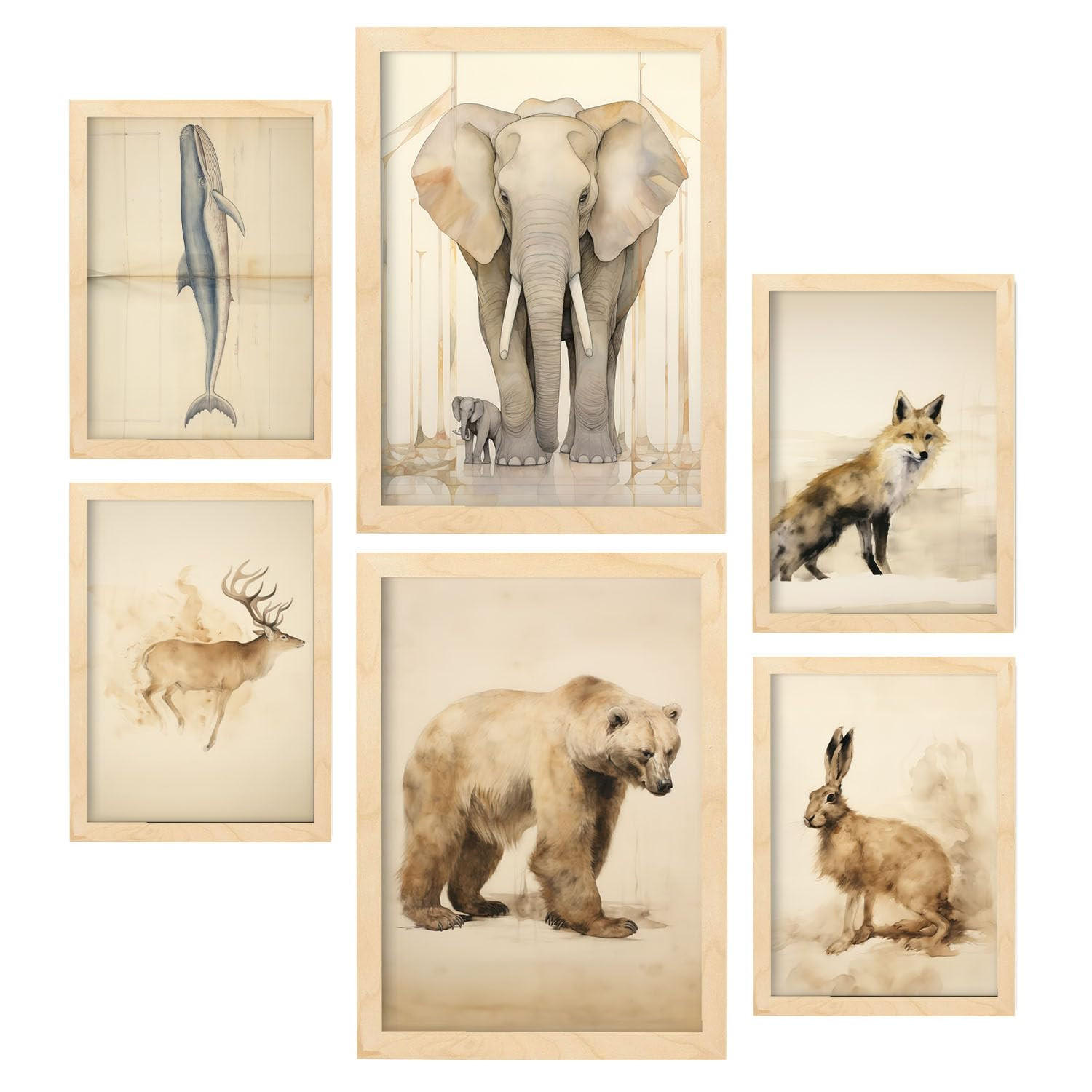 POSTER Set Mit 6 Tiere Vintage A3 & A4 Rahmen Aus Hellem Holz - Beige, Papier (29/3cm) - Nacnic