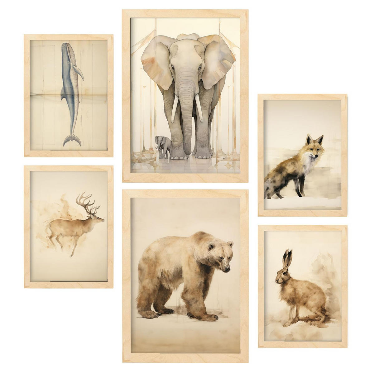 POSTER Set Mit 6 Tiere Vintage A3 & A4 Rahmen Aus Hellem Holz - Beige, Papier (29/3cm) - Nacnic