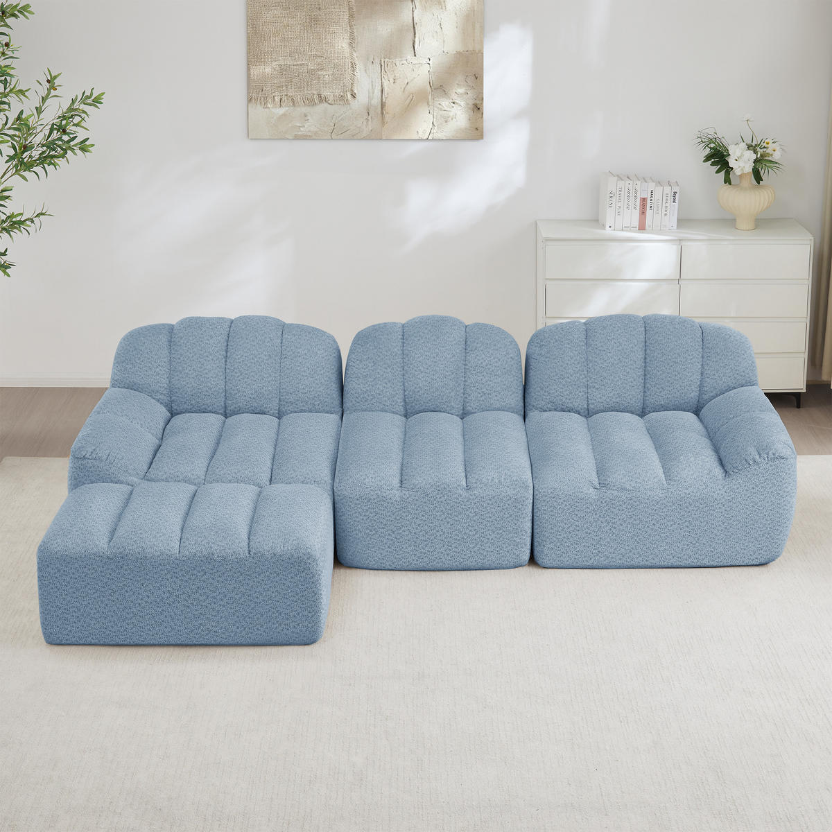 ECKSOFA Granulierter Fleece Blau mit Ottomane - Blau, Textil (288/165cm) - WISHDOR