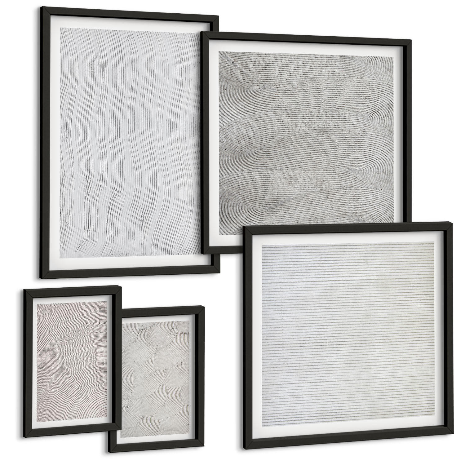 BILDER SET 5er Set - 50x50 cm & 20x30 cm & 40x60 cm Schwarzer Rahmen - Sandmuster geometrische Strukturen - Schwarz, Kunststoff (40/60cm) - TULUP
