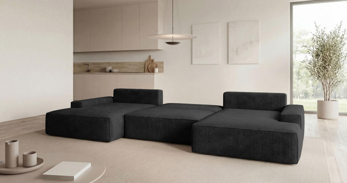 WOHNLANDSCHAFT VERONA U-Form schwarz Cord Poso 135 - Schlaffunktion, Bettkasten - Schwarz, Textil (385/86/185cm) - Cornero