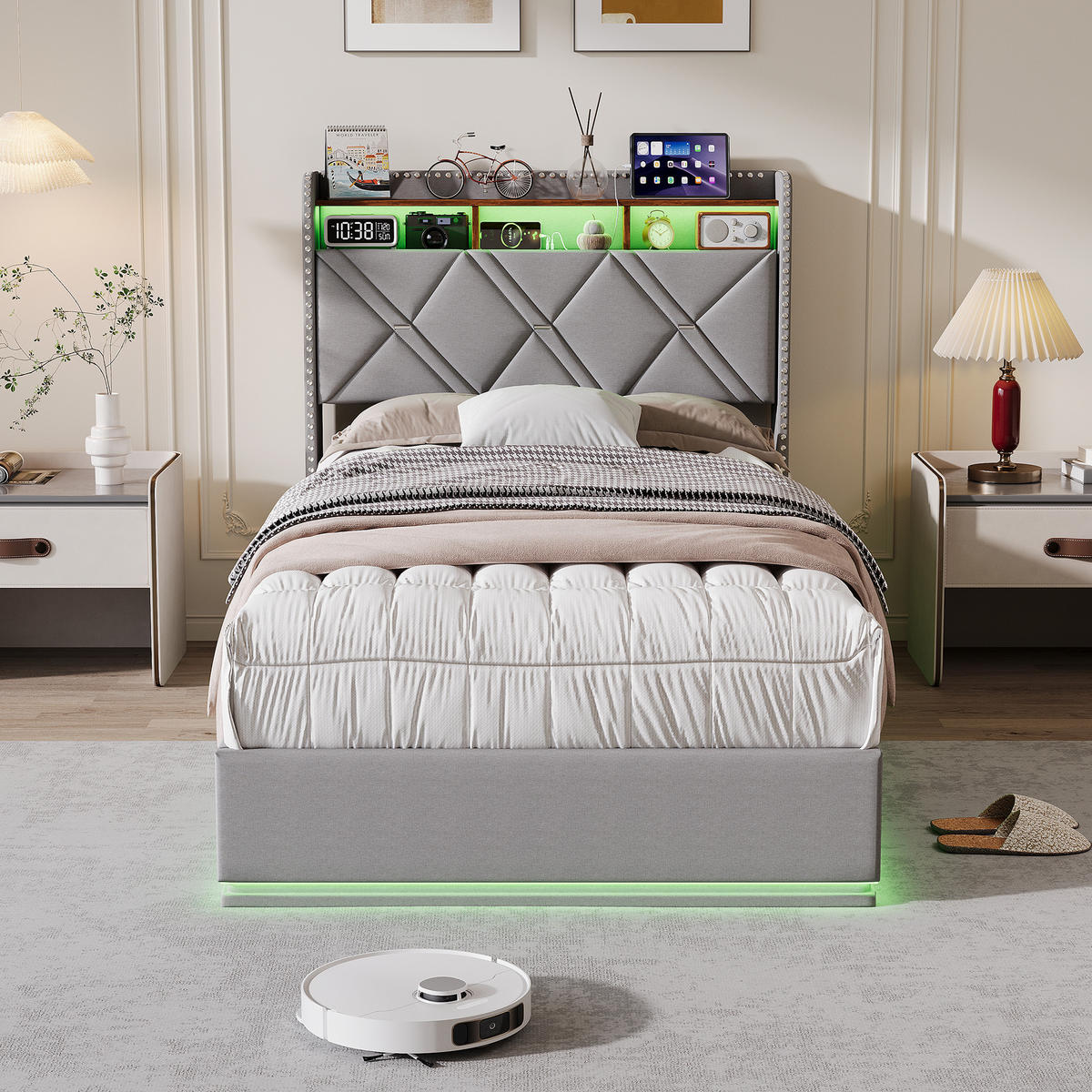POLSTERBETT 90/200 cm Grau mit hydraulischem Stauraum, LED mit Ablage und USB - Grau, Metall (90/200cm) - EuroLiving