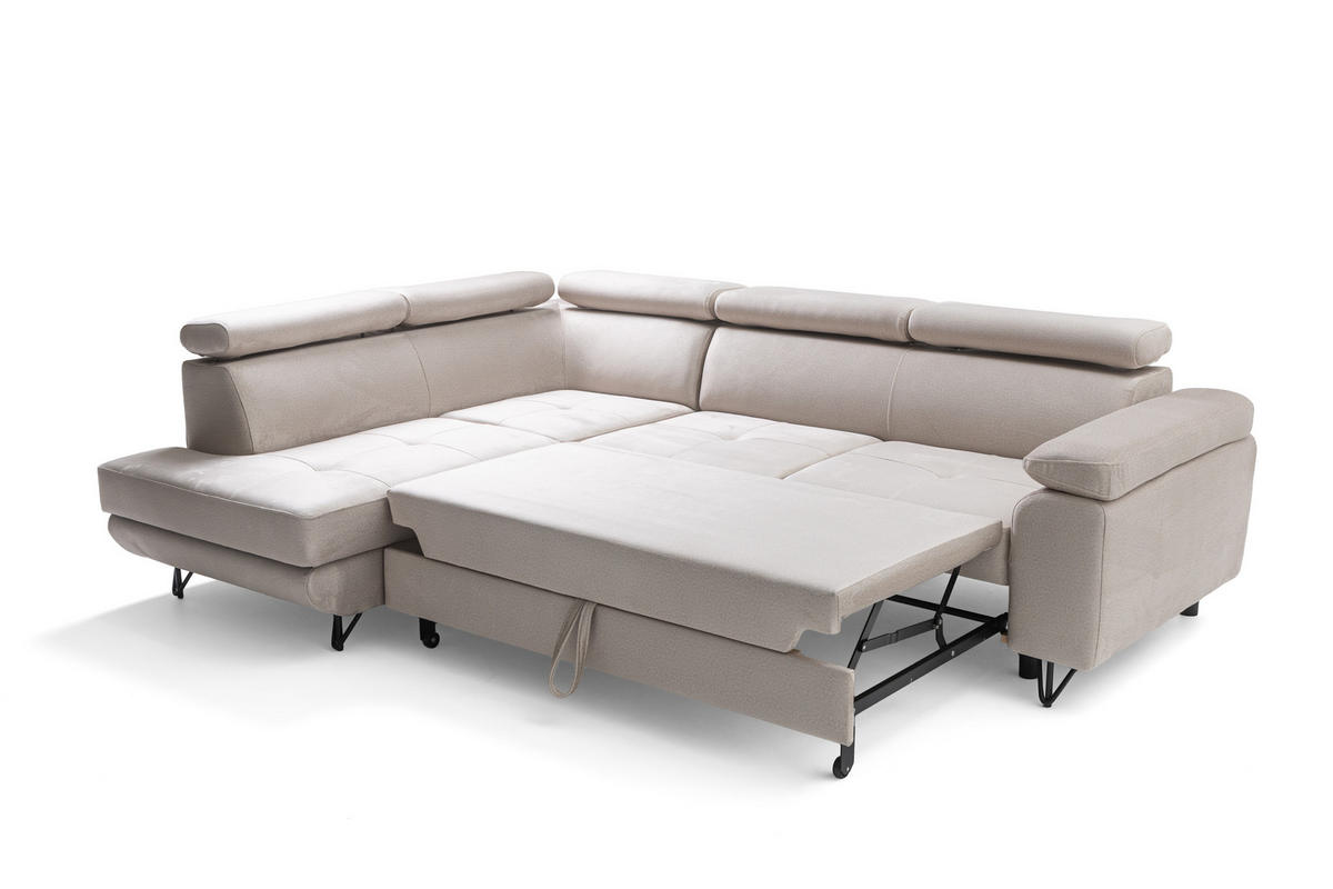 ECKSOFA JUNIOR L Links mit Schlaffunktion 194x128 Velours Creme - Creme/Schwarz, Holz/Textil (249/184cm) - Muffo