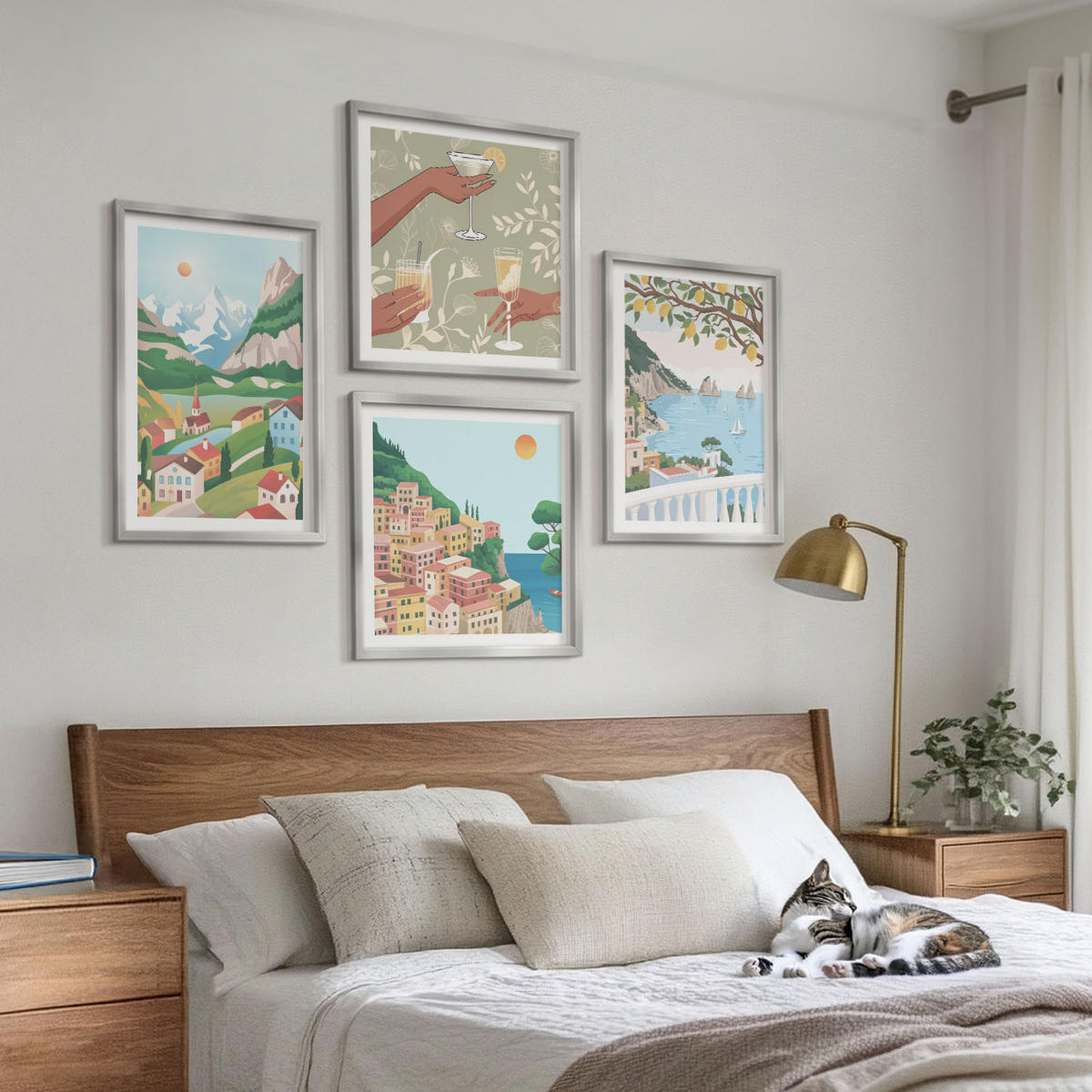 WANDBILDER 4er Set - 50x50 cm & 40x60 cm Silberner Rahmen - Pastellfarbene Küstenhäuser - Silberfarben, Kunststoff (50/50cm) - ArtPrintCave