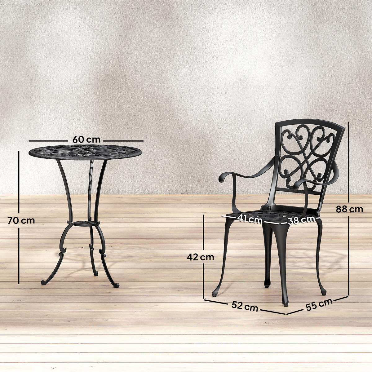 BISTRO-SET 3er Set Gussaluminium Schwarz - Schwarz, Metall - Outsunny