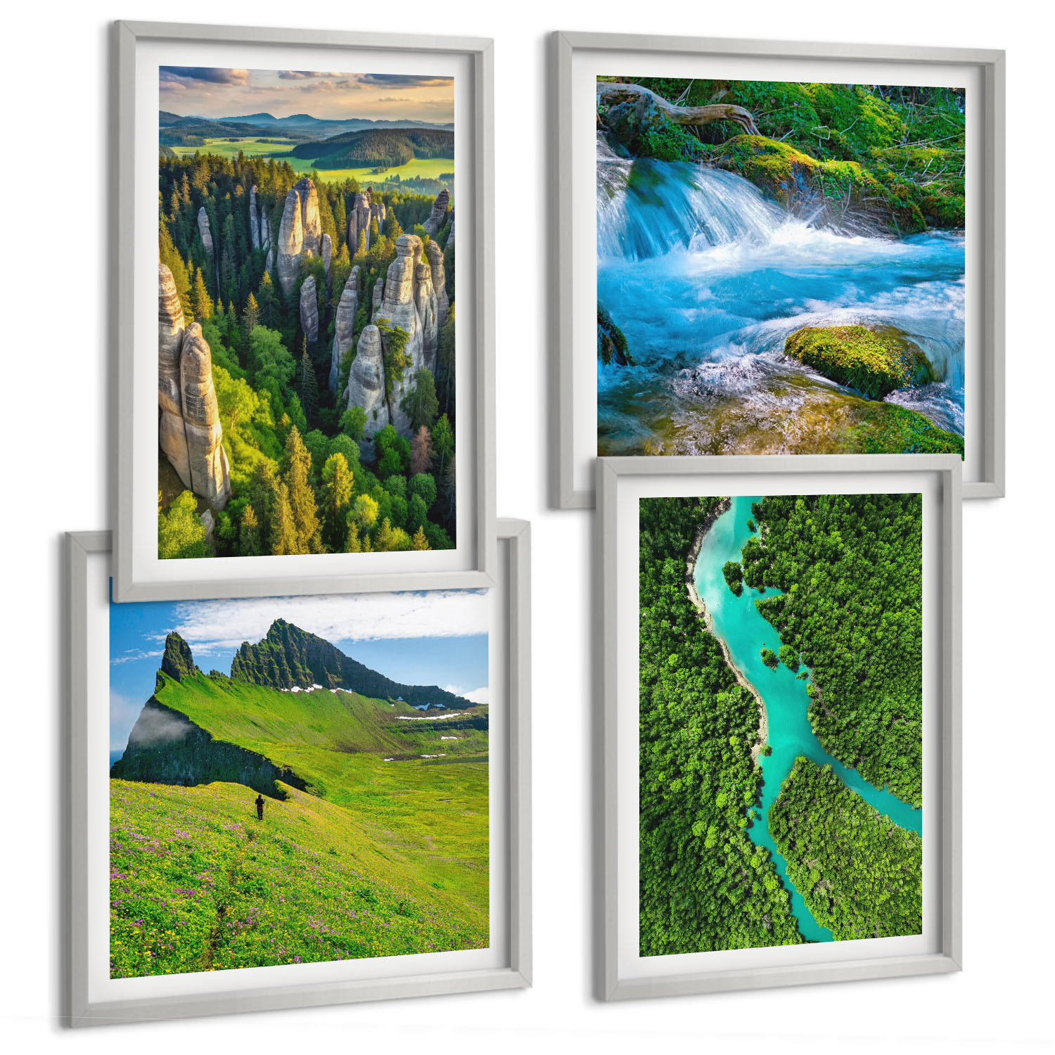 BILDER SET 4er Set - 50x50 cm & 40x60 cm Silberner Rahmen - Grüne Berge, Flussfelsen - Silberfarben, Kunststoff (50/50cm) - TULUP