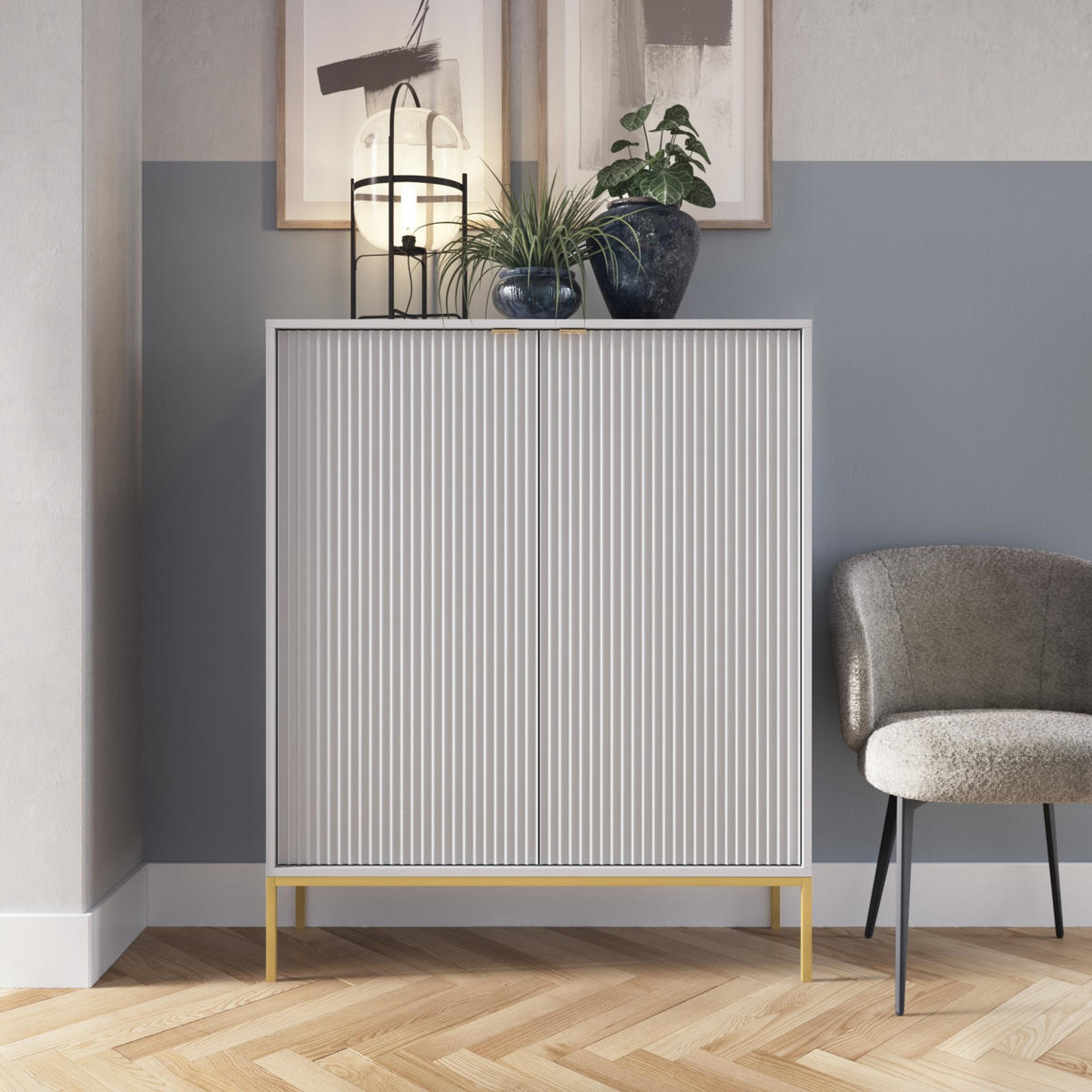 GRAUE Moderne Geriffelte Hochkommode KIOTO KW2D (Gold Gestell, Soft-Close Türen) - Goldfarben/Grau, Holz/Holzwerkstoff (104/125/39cm) - Ravio