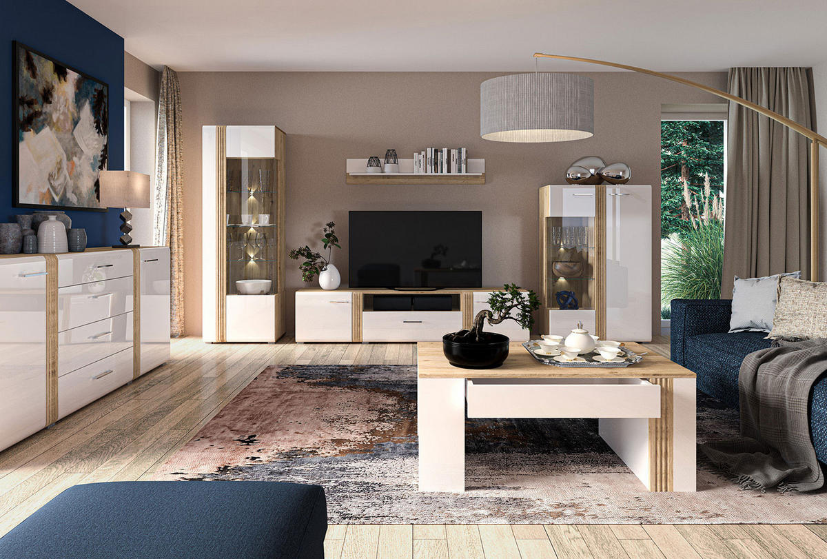COUCHTISCH Adagio weiß Hochglanz / Eiche castello 109 / 60 / 48cm - Weiß/Braun, Holz/Holzwerkstoff (60/109/48cm) - Feldmann-Wohnen