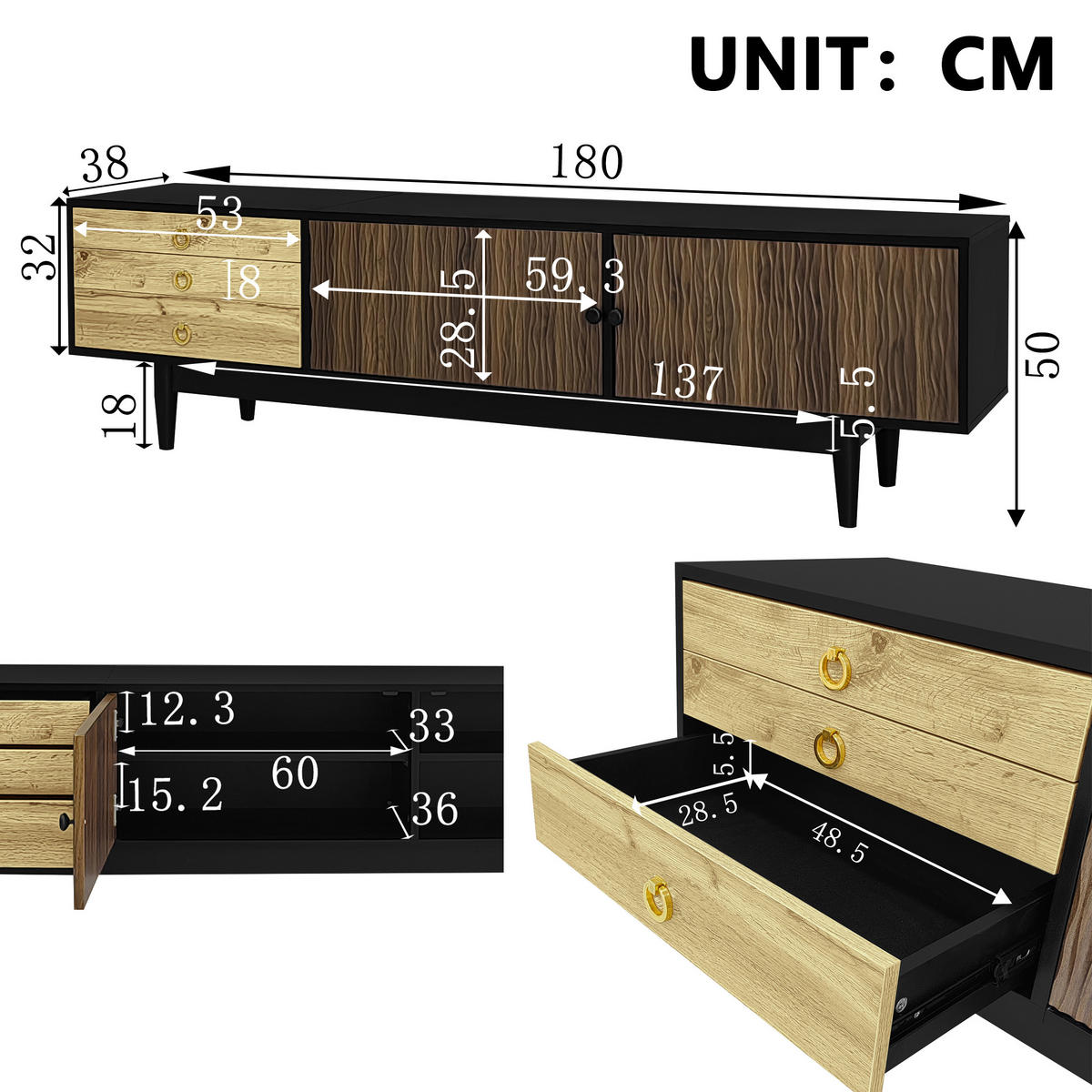 TV-SCHRANK in Schwarz und Natur mit 2 Türen und 3 Schubladen 180/38/50 cm - Eichefarben, Holzwerkstoff (180/38/50cm) - Redom