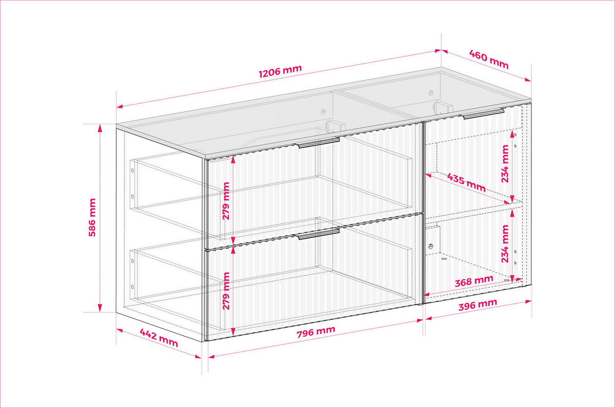 BADEZIMMER-SET, 57×46×120 cm, weiß / schwarze Arbeitsplatte, schwarzer Griff - Weiß, Holzwerkstoff (120/57/46cm) - 3XE LIVING