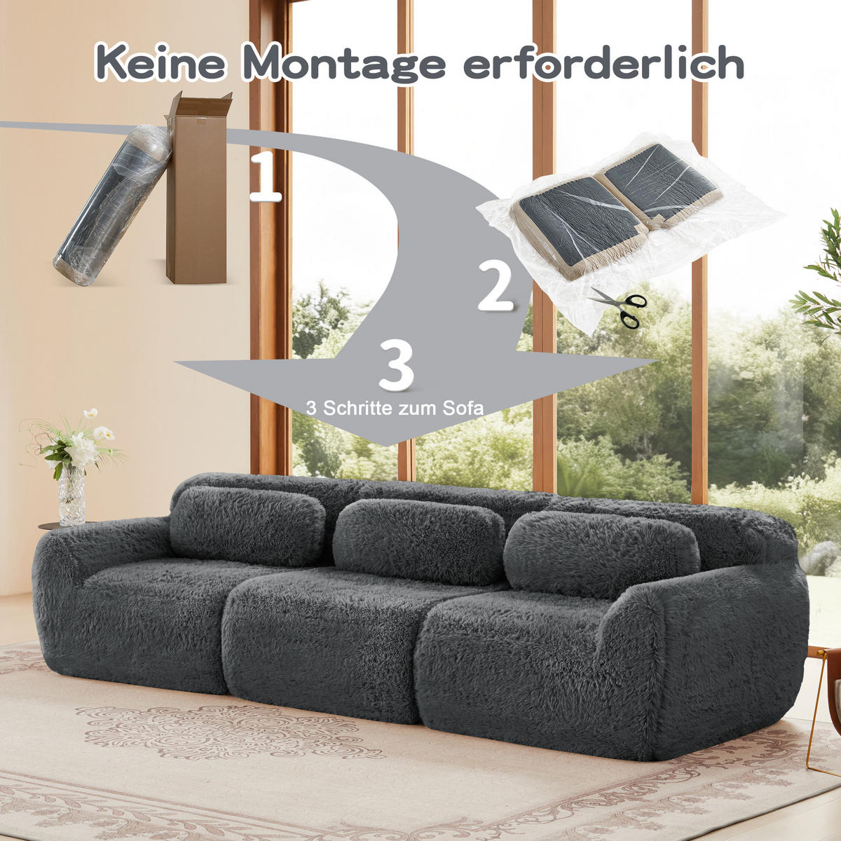 3-SITZER mit 32D-Schaum, Kissen und rutschfestem Boden in Grau - Grau, Textil (291/73/104cm) - EVRYAE