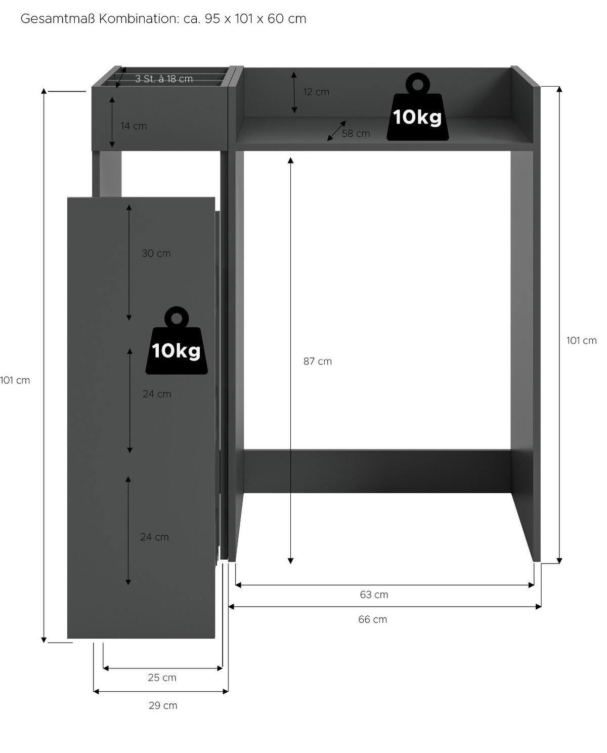 WASCHMASCHINENUMBAU Set grau 2-teilig, Überbauschrank und Anstellregal - Schwarz/Grau, Holzwerkstoff/Metall (95/101/60cm) - Inn.Furn