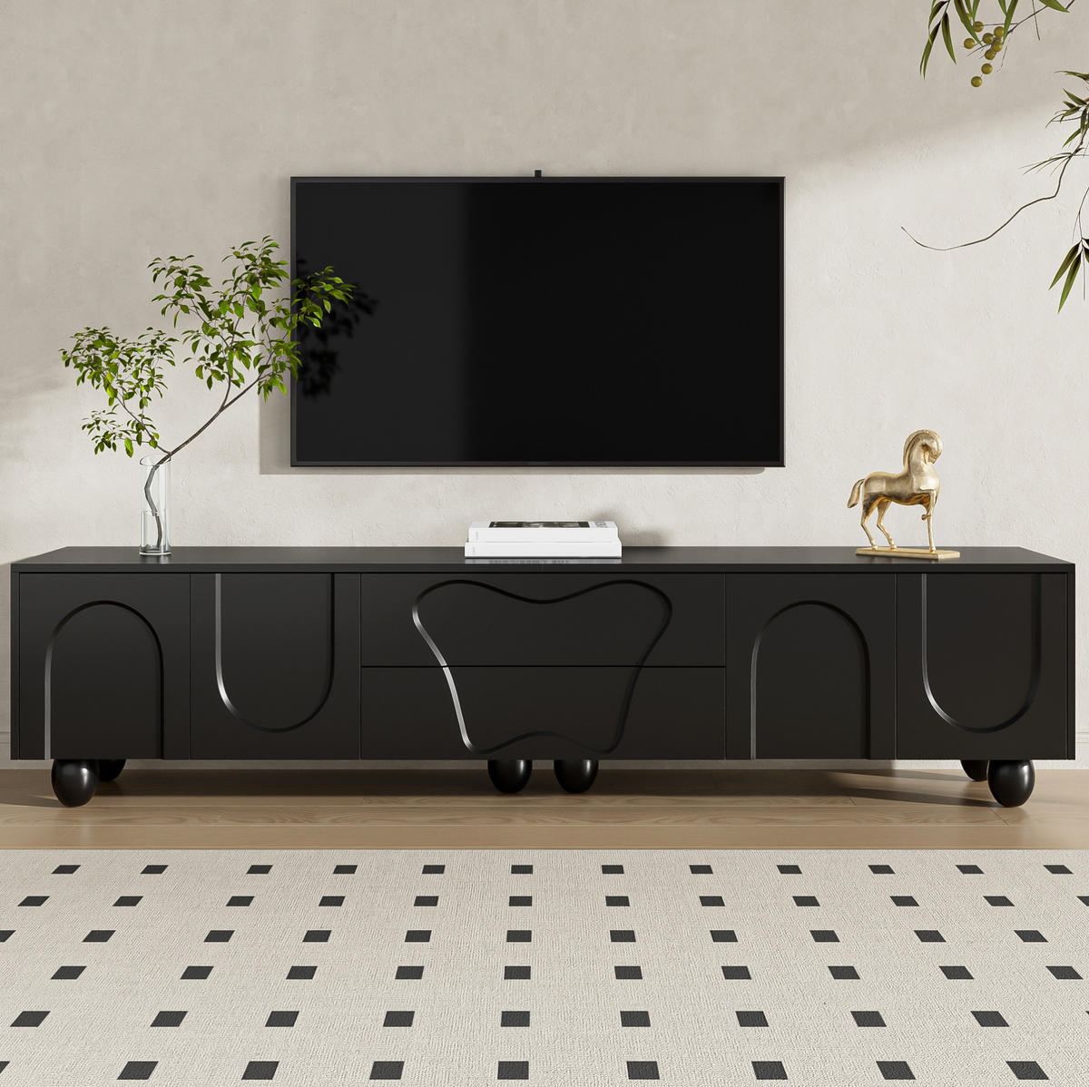 TV-SCHRANK 180/40/42 cm schwarz PB mit Naturholzbeinen und vielseitigem Stauraum - Schwarz, Holzwerkstoff (180/42/40cm) - OKWISH