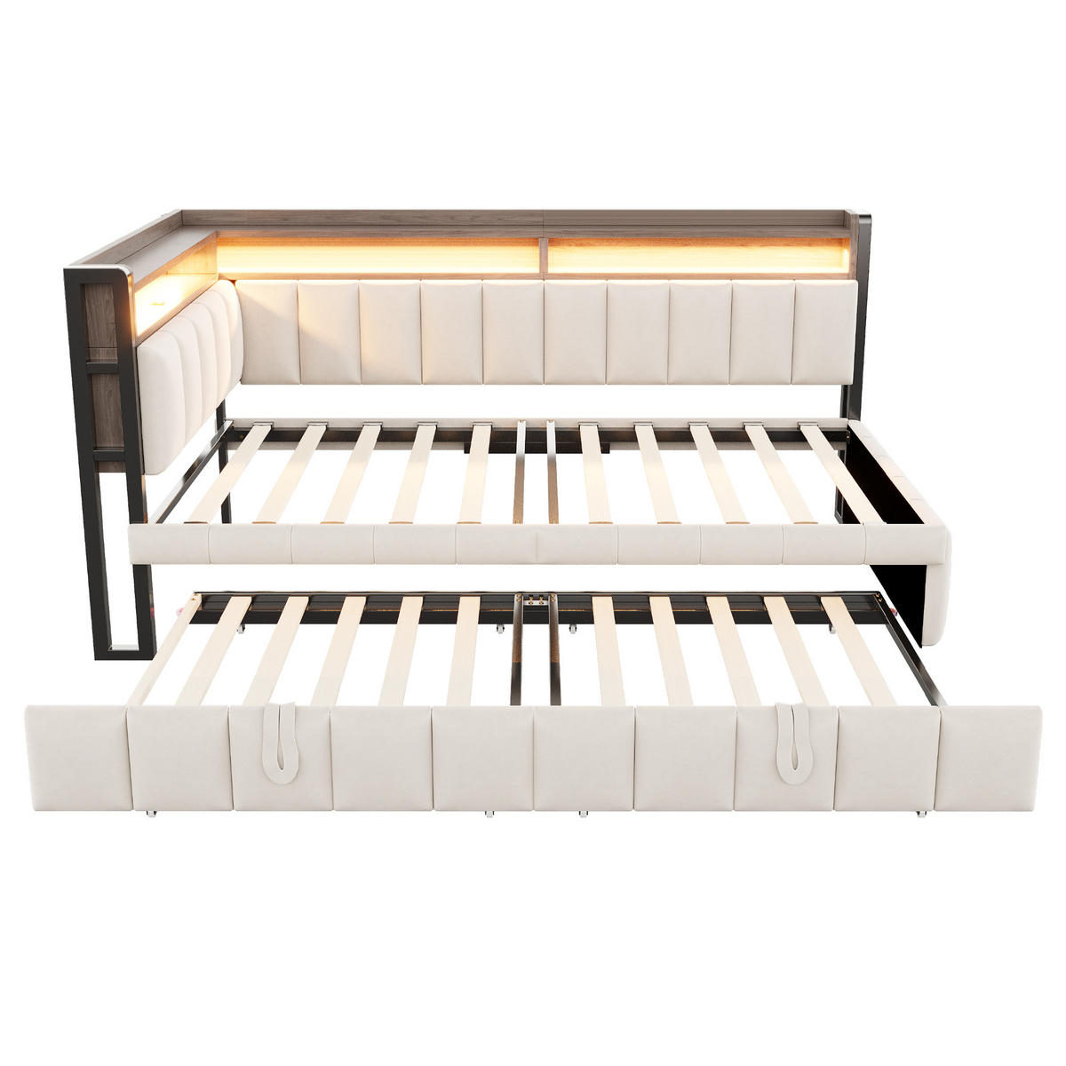 BETT mit Ausziehbett 90/200cm und LED-Beleuchtung in Beige Samt - Beige, Textil (90/200cm) - OKWISH