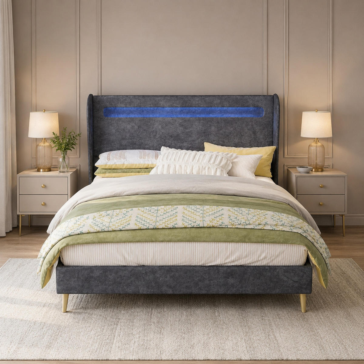 POLSTERBETT 140/200 mit LED und verstellbarem Kopfteil in Grau - Grau, Holzwerkstoff/Textil (140/200cm) - EVRYAE