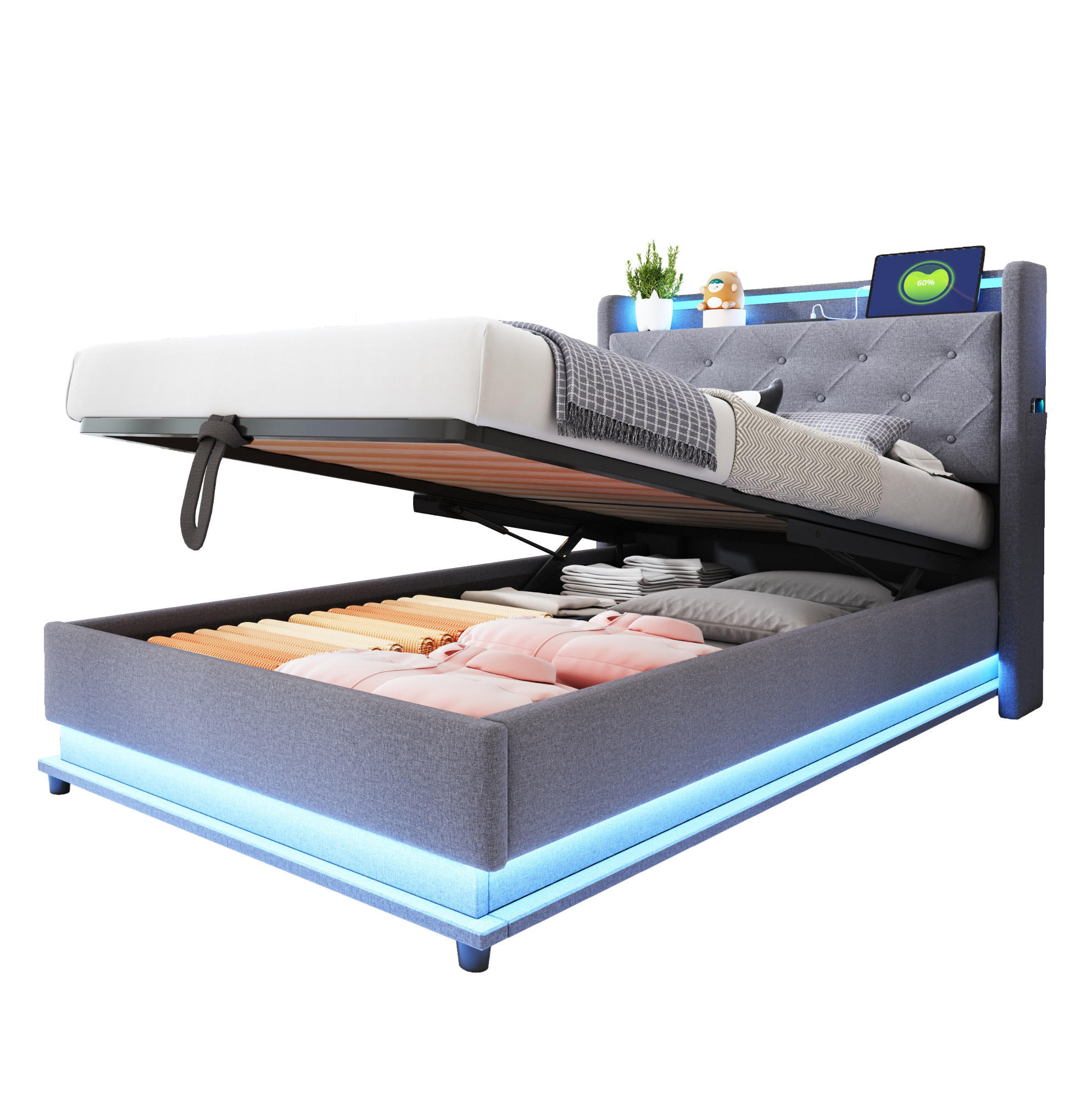 POLSTERBETT 90/200 cm Grau aus Leinenstoff mit Stauraum - Grau, Textil (90/200cm) - OKMYHOME