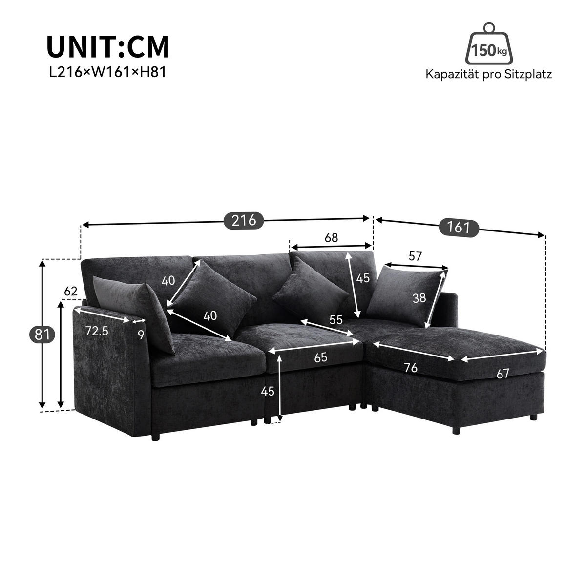 ECKSOFA Chenille mit Hocker 216/161/81 cm Grau abziehbare Sitzkissen - Grau, Textil (161/216cm) - Redom