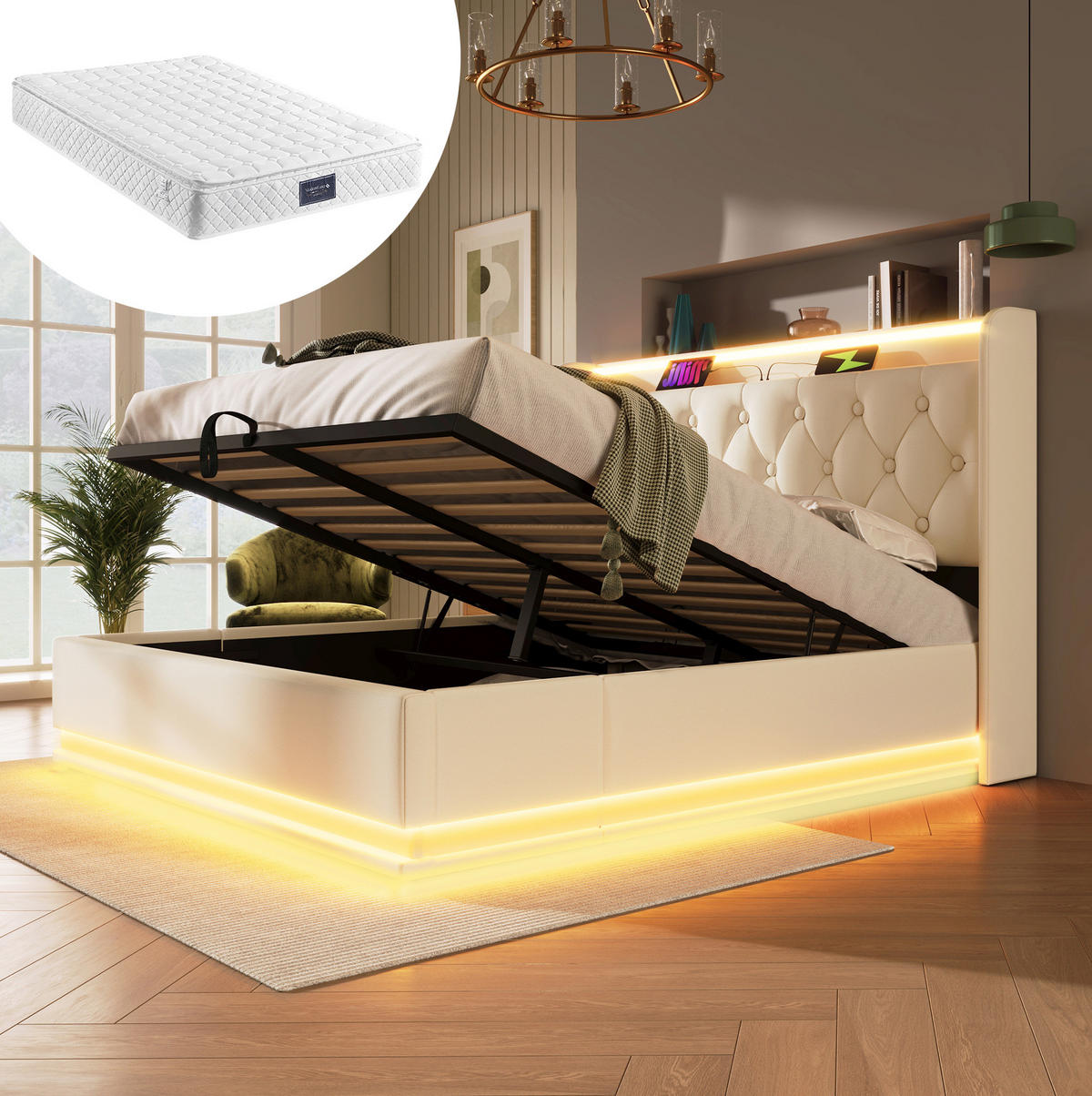 POLSTERBETT 140/200 cm weiß aus PU mit LED, Stauraum und USB Typ-C - Weiß, Kunststoff (140/200cm) - OKMYHOME