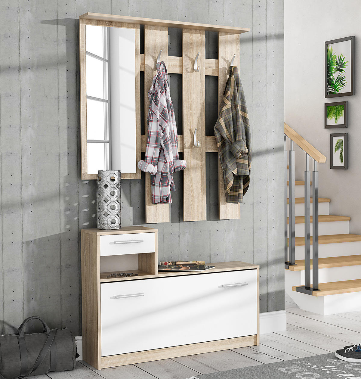 KOMPAKTGARDEROBE - Eichefarben/Weiß, Holzwerkstoff/Kunststoff (98/180/25cm) - home24