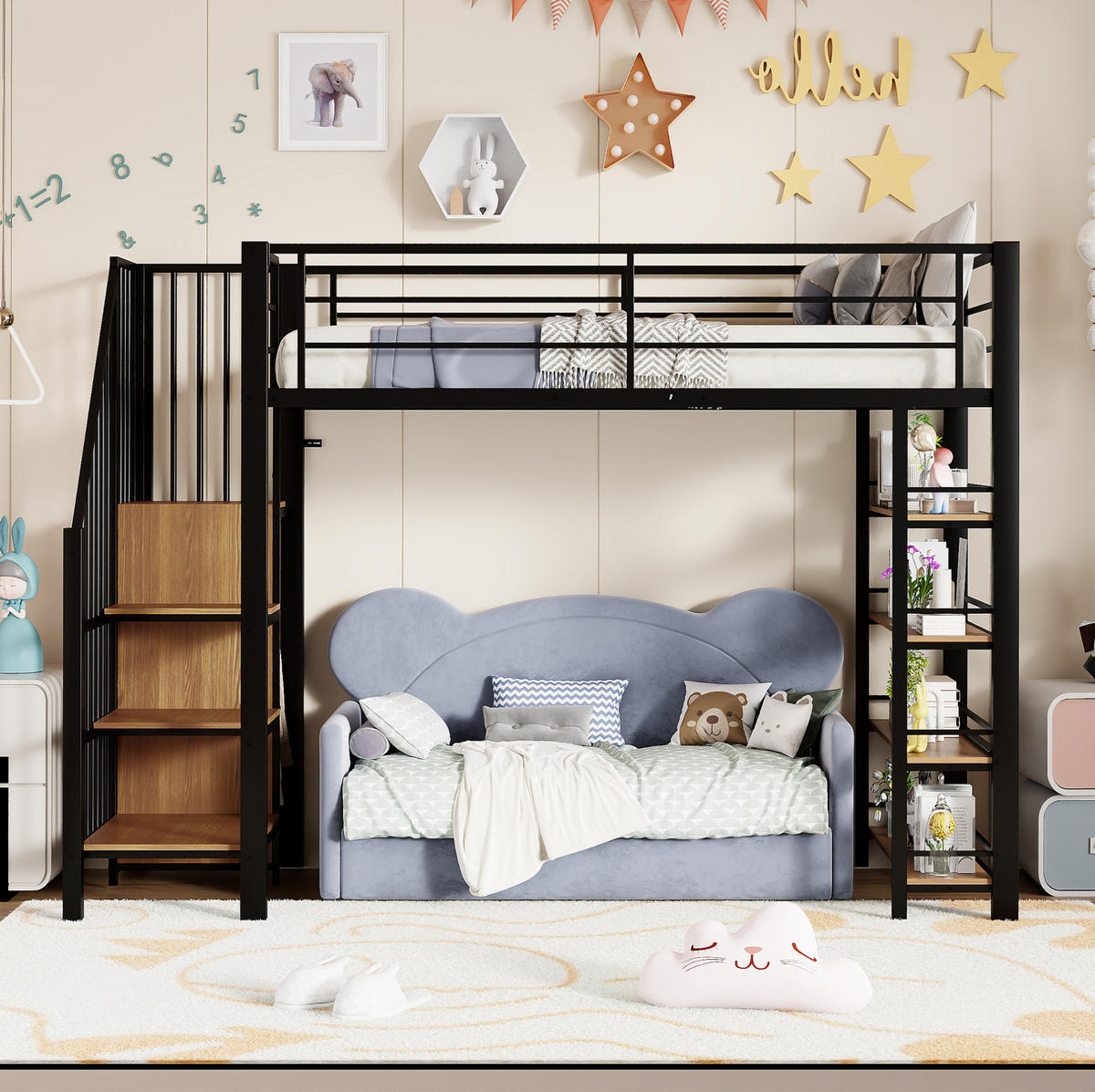 HOCHBETT 90/200 cm aus Metall mit Stauraum und Kleiderschrank in Schwarz - Schwarz, Metall (90/200cm) - Flora Grace