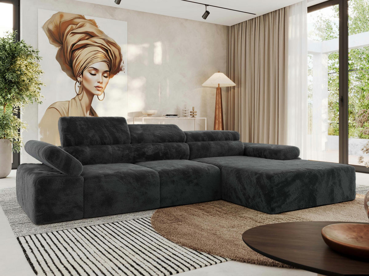 ECKSOFA RILASSO L Dunkelgrau Plüsch - rechts - Dunkelgrau/Schwarz, Kunststoff/Textil (174/296cm) - MKS