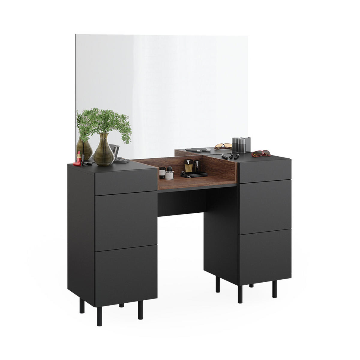 SCHMINKTISCH Anika Anthrazit 120 cm mit Spiegel - Anthrazit/Walnussfarben, Holzwerkstoff (120/80/40cm) - Vicco