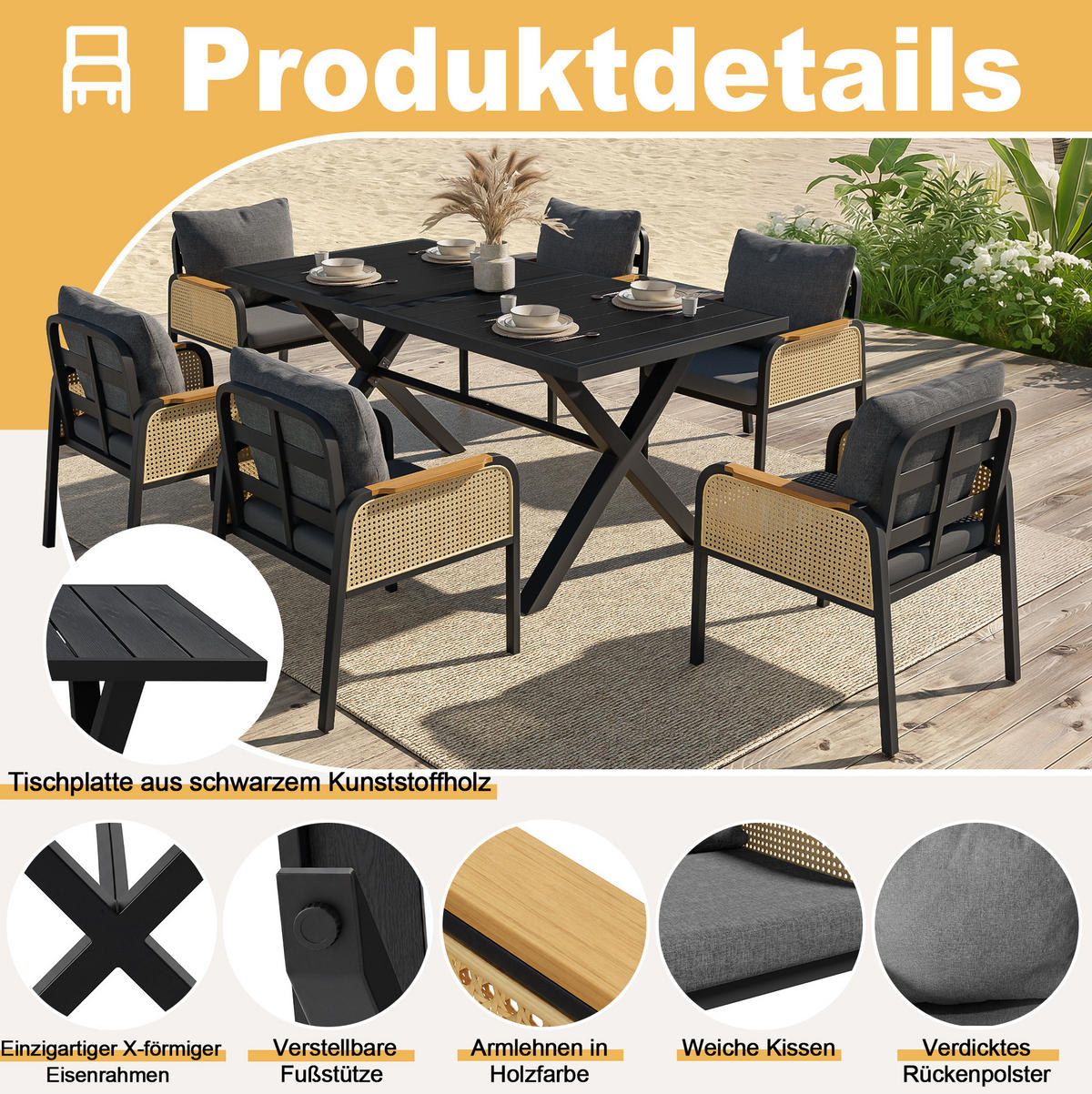 GARTENMÖBELSET 148/80/75 cm schwarz/natur aus Eisen mit 6 Stühlen - Naturfarben, Metall - OKWISH